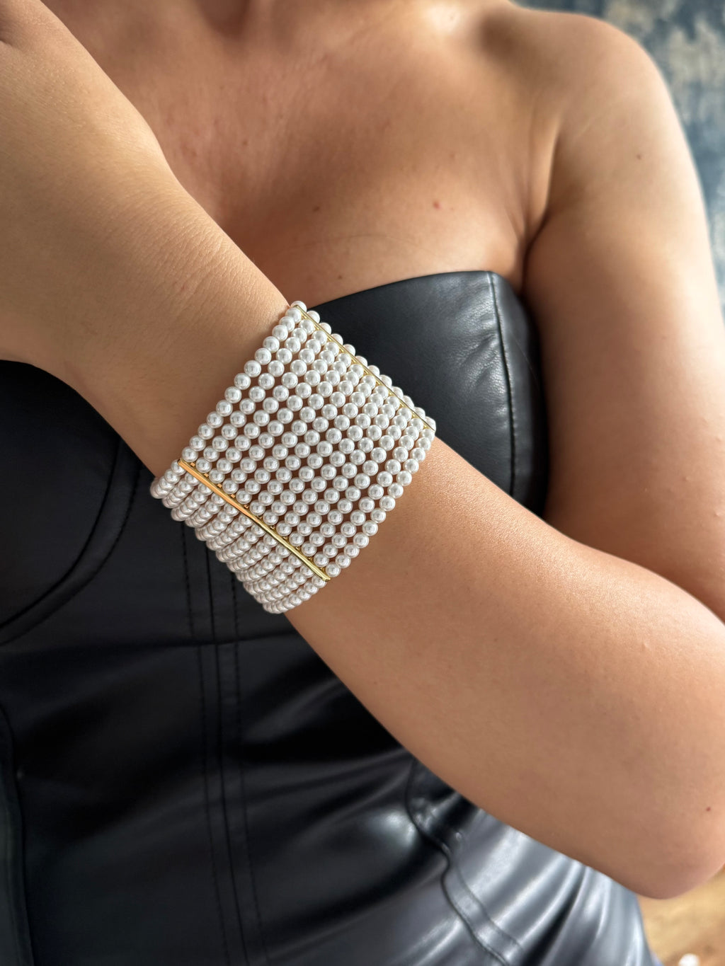 Pearl Cuff Bracelet – Wide Multirow Design for Wedding