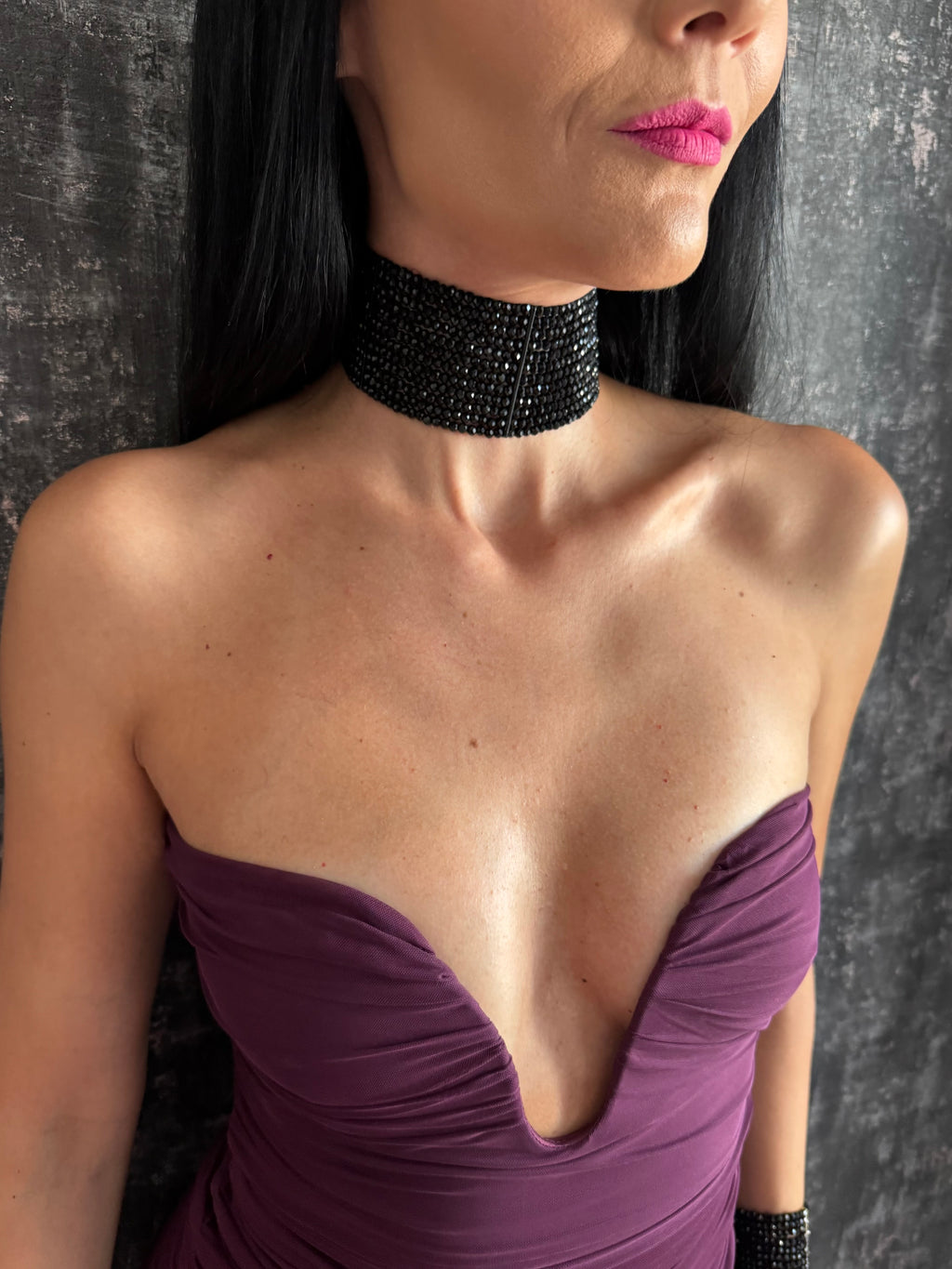Black Choker Necklace - Shiny Multistrand Collar