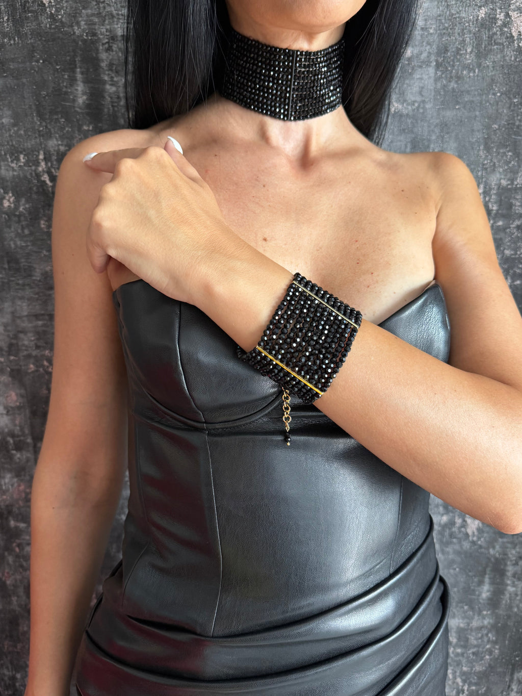 Multi-Strand Black Bead Gothic Cuff Bracelet