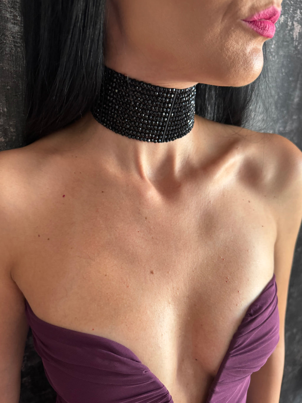 Black Choker Necklace - Shiny Multistrand Collar