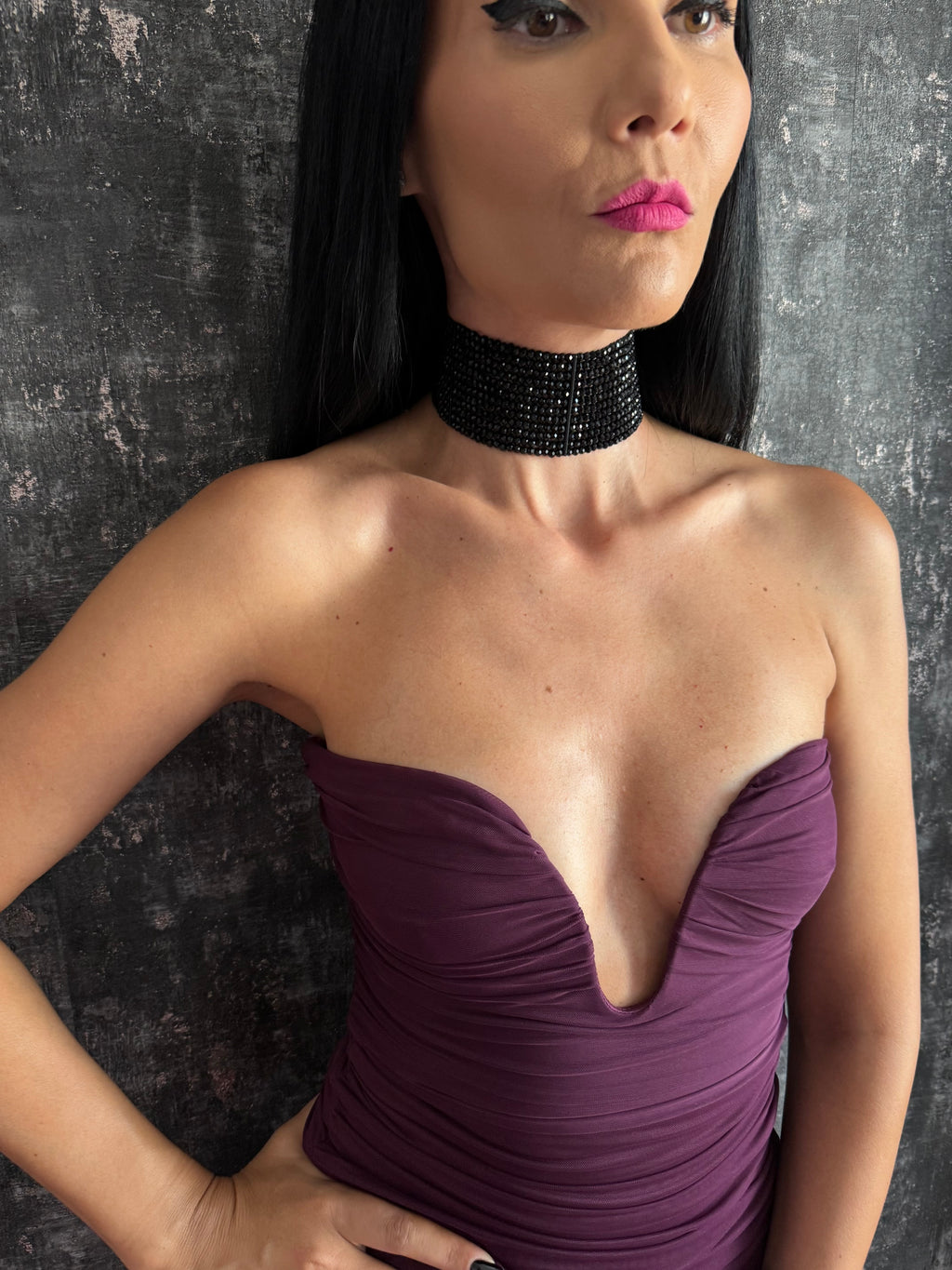 Black Choker Necklace - Shiny Multistrand Collar
