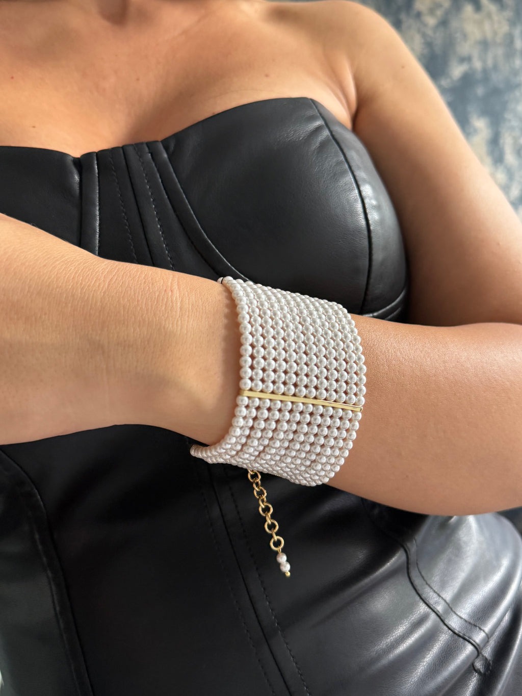 Pearl Cuff Bracelet – Wide Multirow Design for Wedding