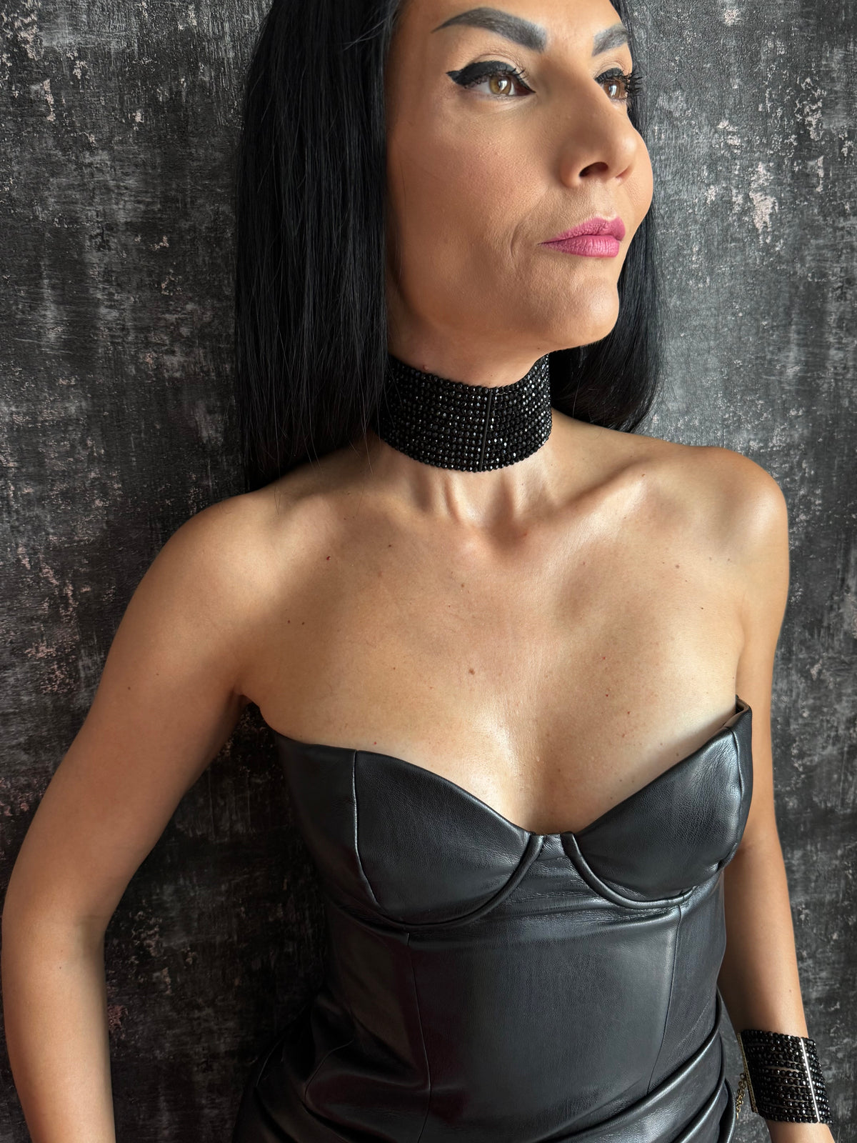 Black Choker Necklace - Shiny Multistrand Collar
