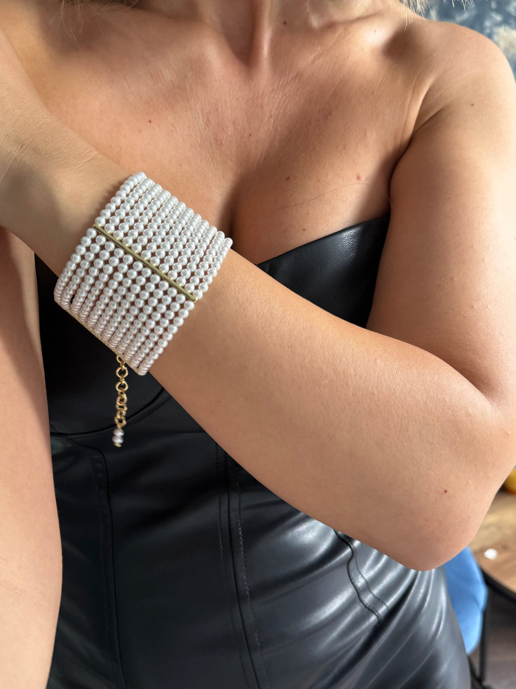 Pearl Cuff Bracelet – Wide Multirow Design for Wedding