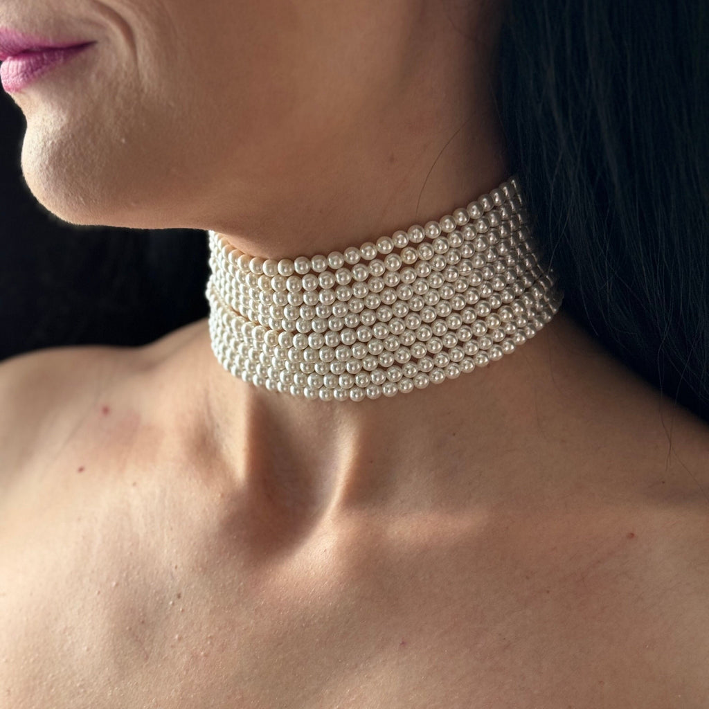 Layered Pearl Choker with 10 Strands and silver, gold or rose gold clasp, Prom Statement Necklace, Wedding Choker, Bridal Pearl Necklace