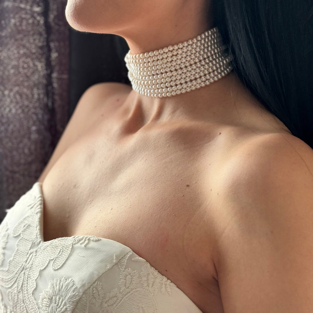 Layered Pearl Choker with 10 Strands and silver, gold or rose gold clasp, Prom Statement Necklace, Wedding Choker, Bridal Pearl Necklace