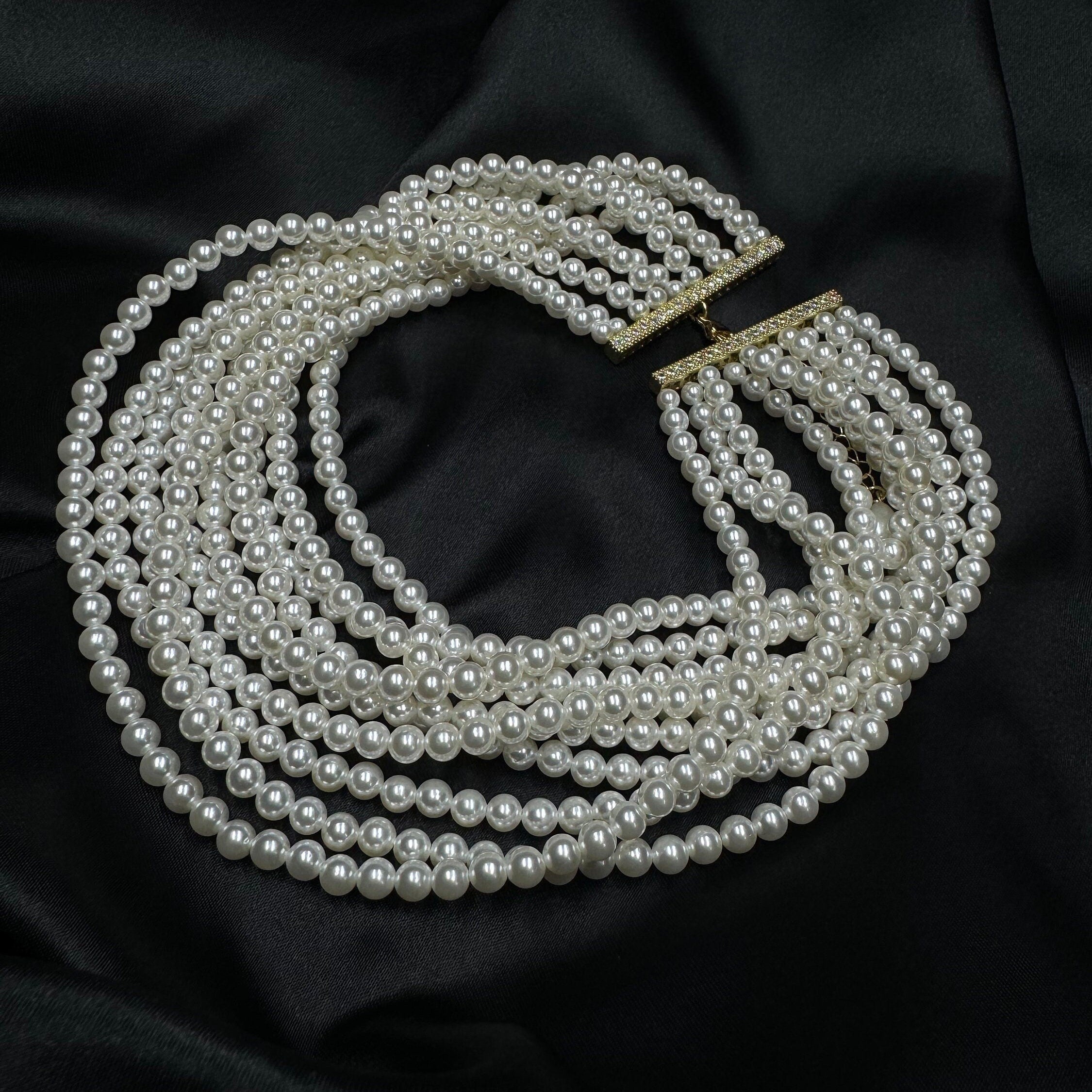 Layered Pearl Choker with 10 Strands and silver, gold or rose gold clasp, Prom Statement Necklace, Wedding Choker, Bridal Pearl Necklace