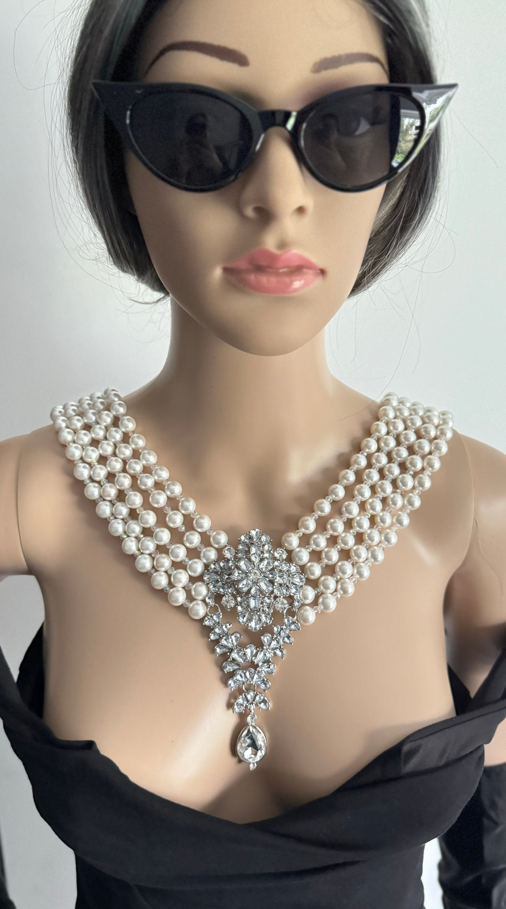 Audrey Hepburn inspired layered  necklace with back drop and beautiful brooch