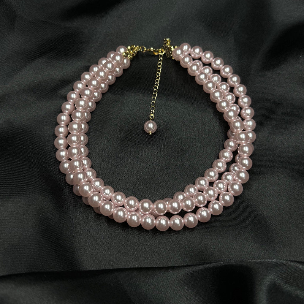 Pink pearls layered choker necklace with gold or silver rhinestones clasp, Three strand pearl necklace, 8mm pearl choker, Bridesmaids choker