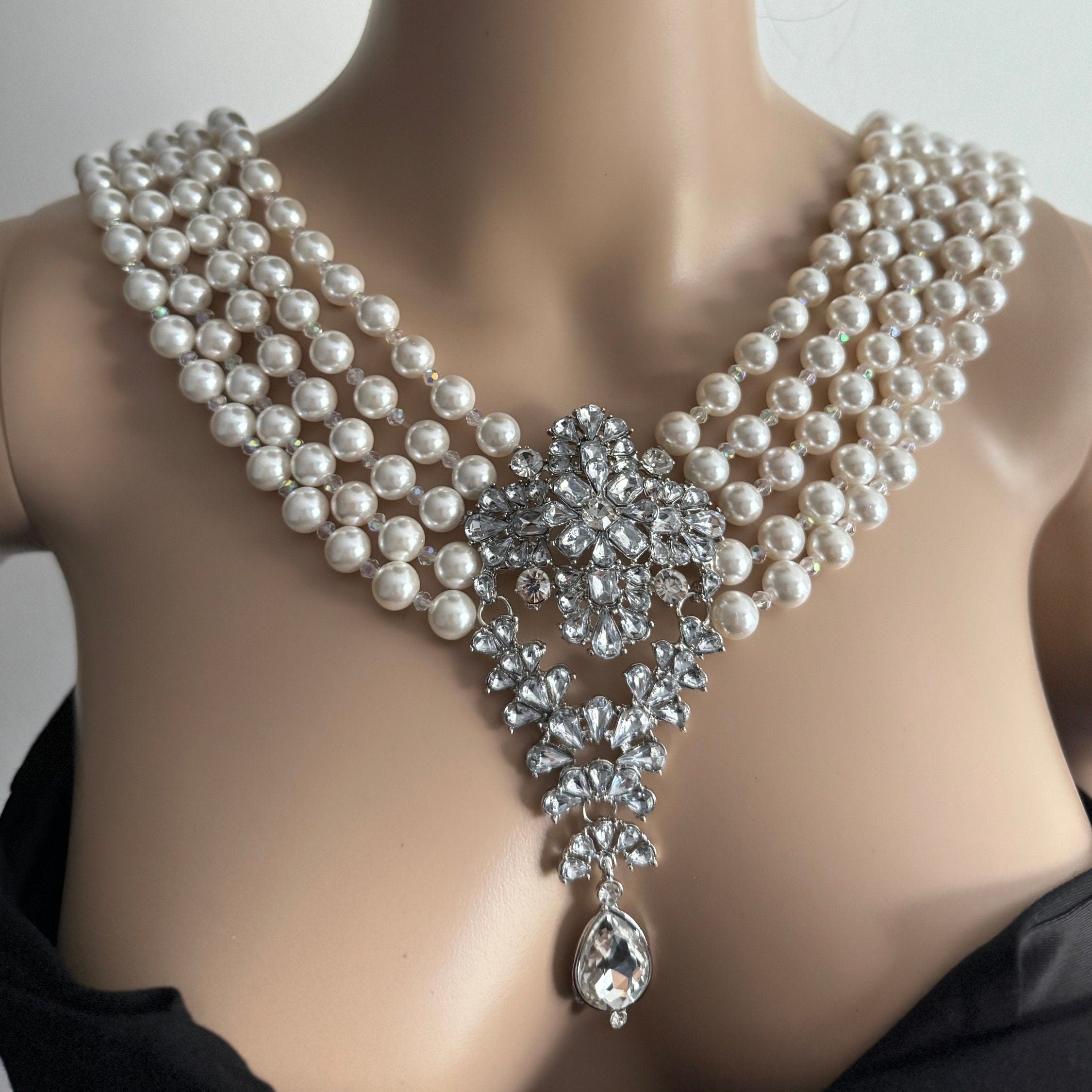 Audrey Hepburn inspired layered  necklace with back drop and beautiful brooch
