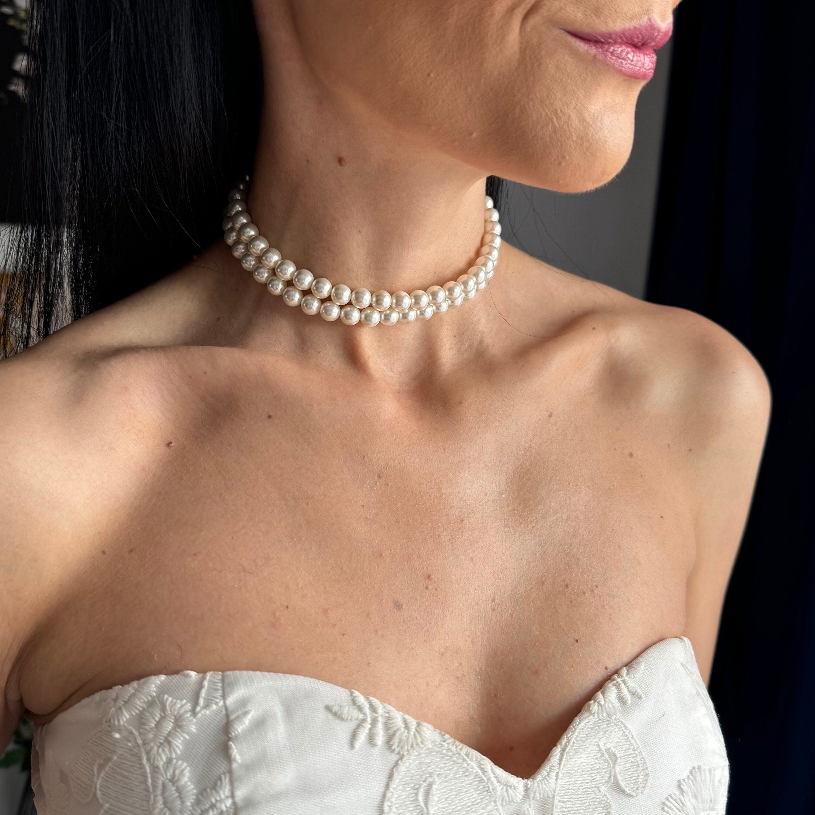 Elegant Bridal Jewelry Collection Layered Pearl Choker Necklace Multi Strand Crystal Design Wedding Day Accessory Perfect Formal Event Jewelry Ivory White Pearl Options Classic Style Sophisticated Gold Platinum Clasp Detail Lustrous Finish
