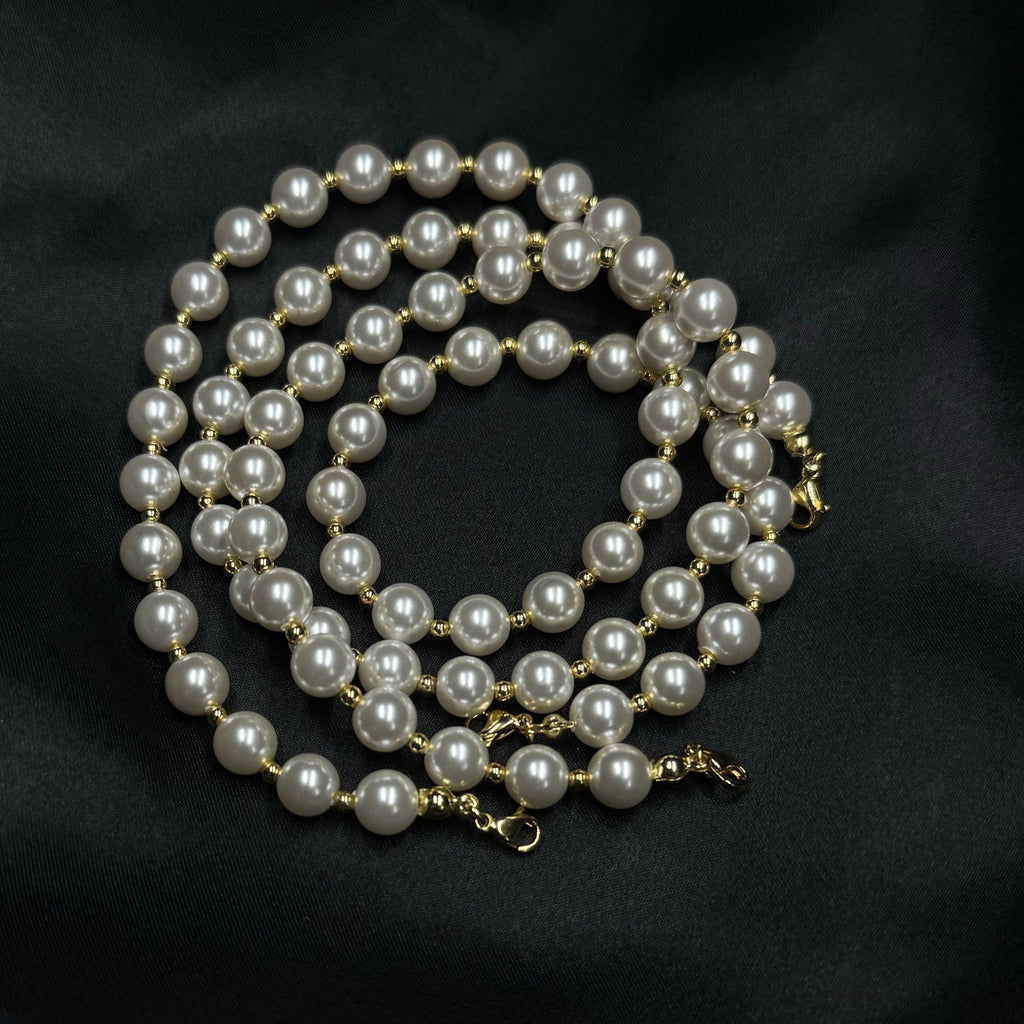 Pearls dress straps with gold or silver spacers Pair of attachable shoulder necklace Bridal accessories 8mm pearl straps for wedding dress Custom length design Metal accent details Wedding dress enhancement Formal wear collection Quality