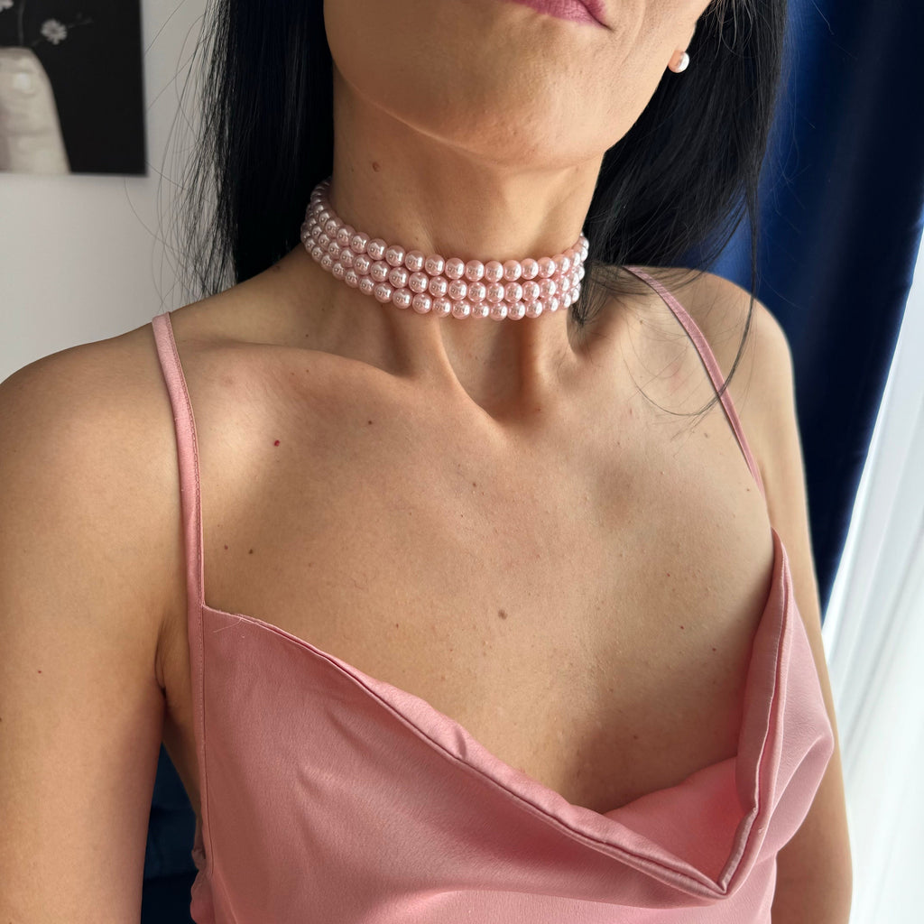 Pink pearls layered choker necklace with gold or silver rhinestones clasp, Three strand pearl necklace, 8mm pearl choker, Bridesmaids choker