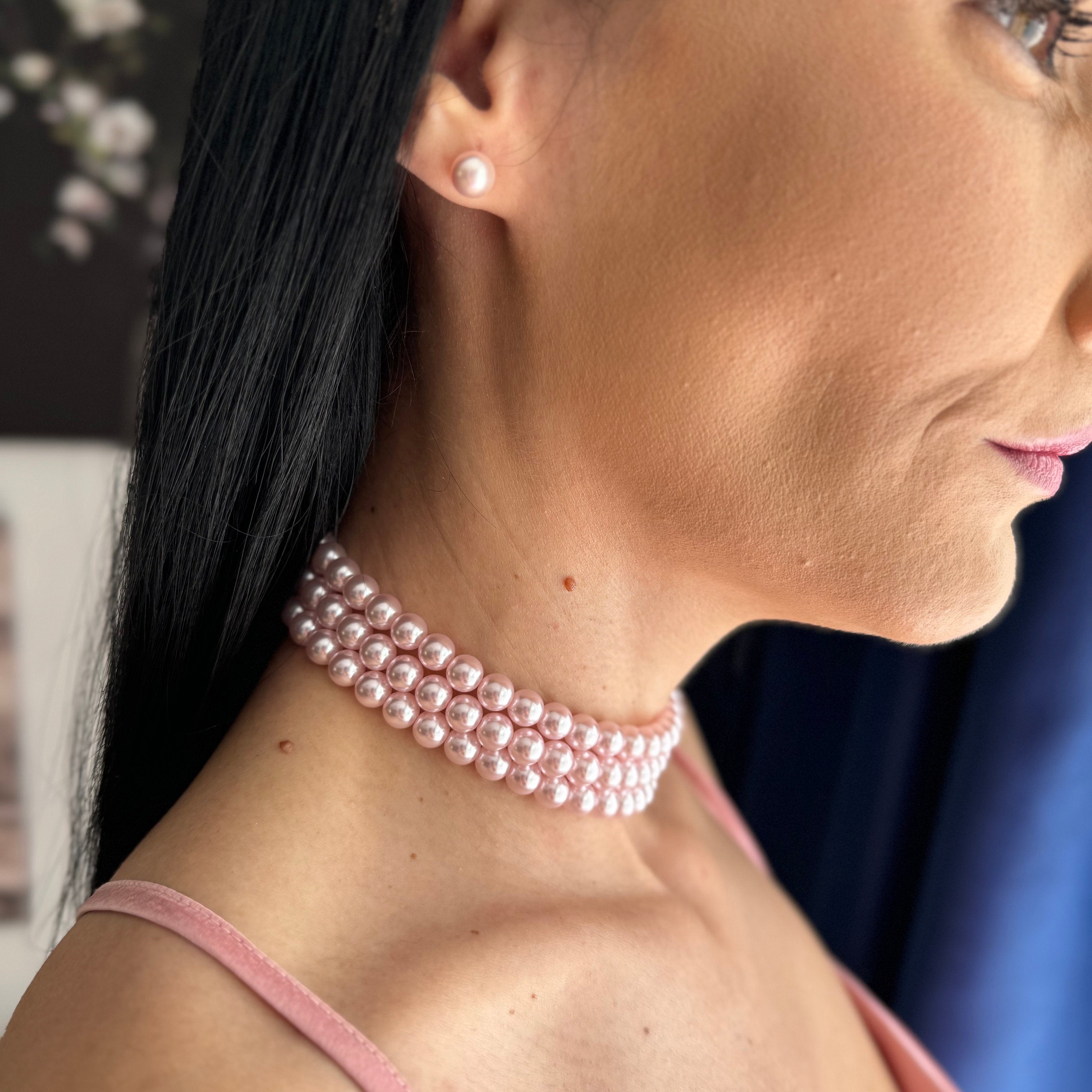 Pink pearls layered choker necklace with gold or silver rhinestones clasp, Three strand pearl necklace, 8mm pearl choker, Bridesmaids choker