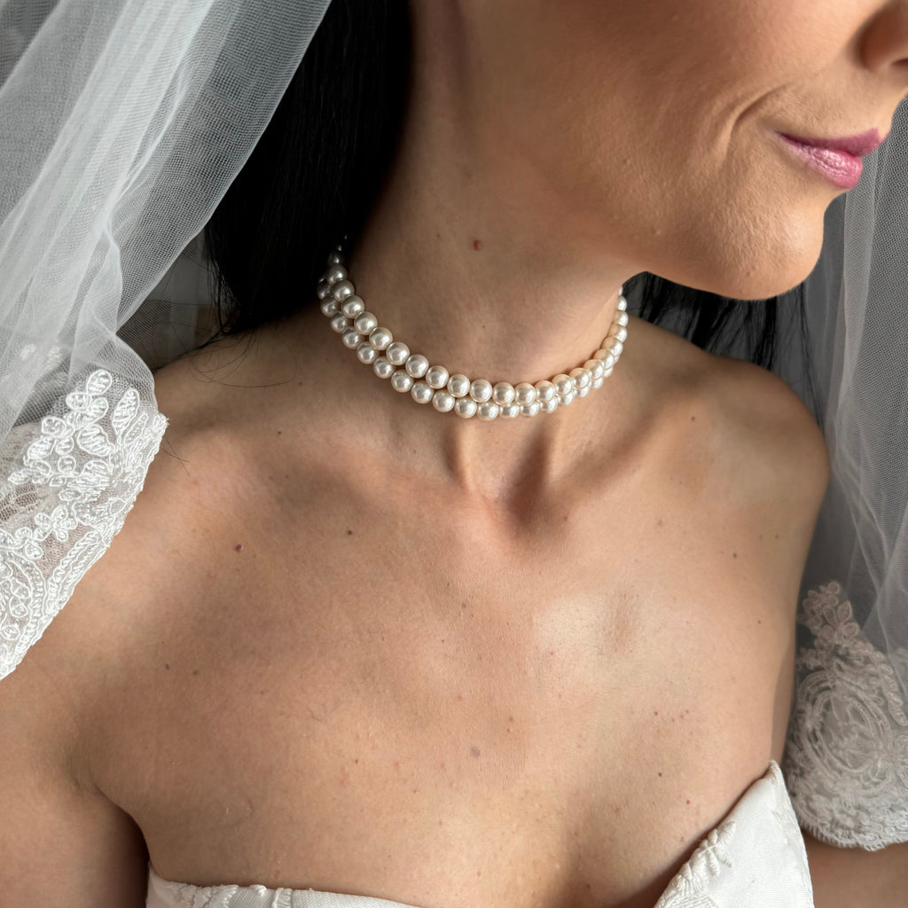 Crystal Pearl Jewelry Collection Layered Choker Necklace Multi Strand Design Elegant Bridal Accessory Wedding Day Jewelry Perfect Formal Event Necklace Ivory White Pearl Options Classic Style Gold Platinum Clasp Finish Lustrous Detail