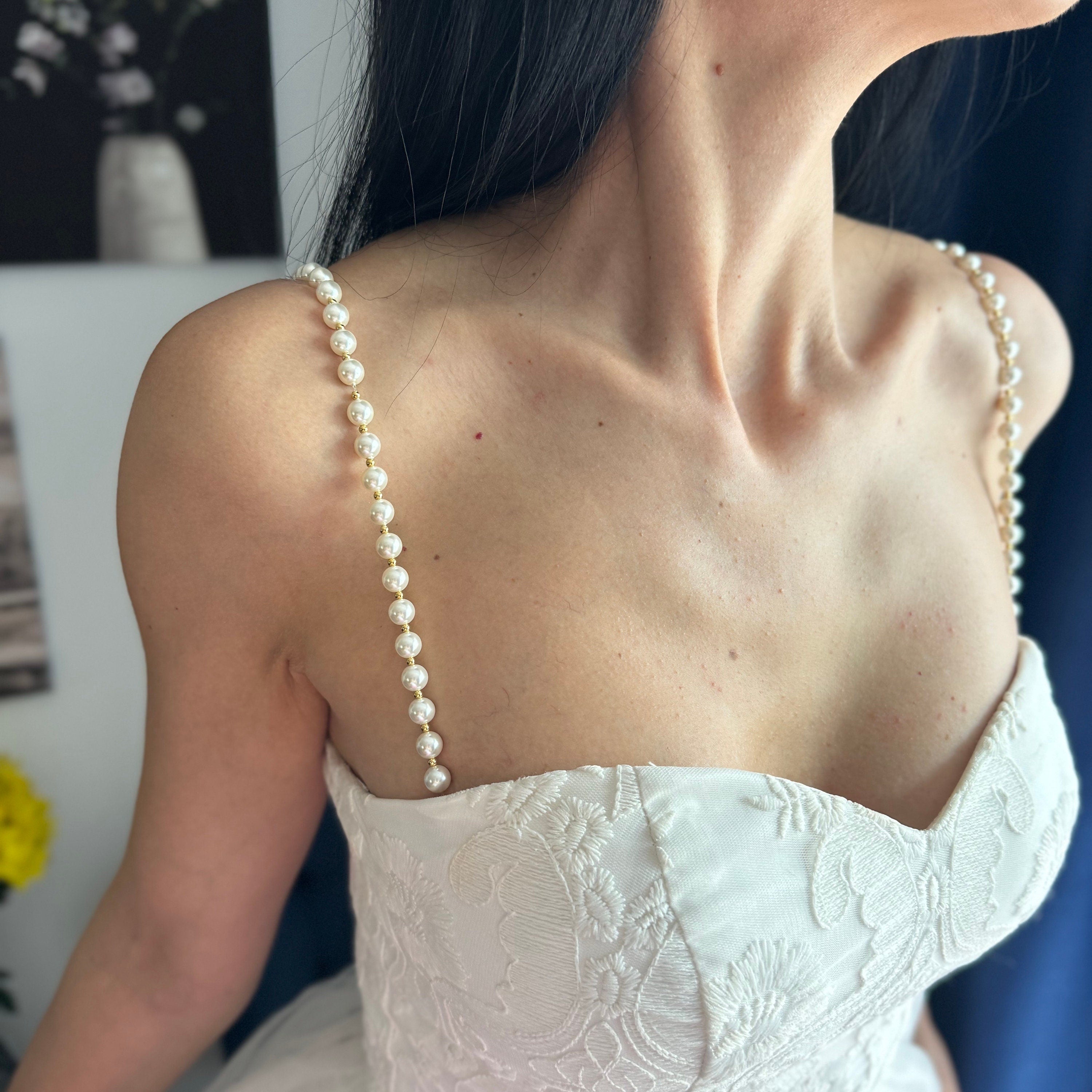 Pearls dress straps with gold or silver spacers Pair of attachable shoulder necklace Bridal accessories 8mm pearl straps for wedding dress Custom length available Choice of sew-on lobster clasp or hook fastening Shell pearl construction Metal