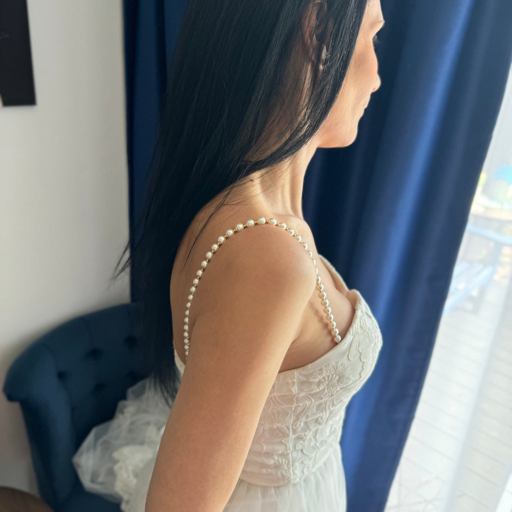 Pearls dress straps with gold or silver spacers Pair of attachable shoulder necklace Bridal accessories 8mm pearl straps for wedding dress Custom Length Pearl Straps Wedding Dress Enhancement Metal Spacer Details Gold Silver Options Formal Wear