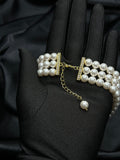 Three rows bridal pearl choker necklace made with 3 layers of Swarovski pearls and gold or silver rhinestones clasp