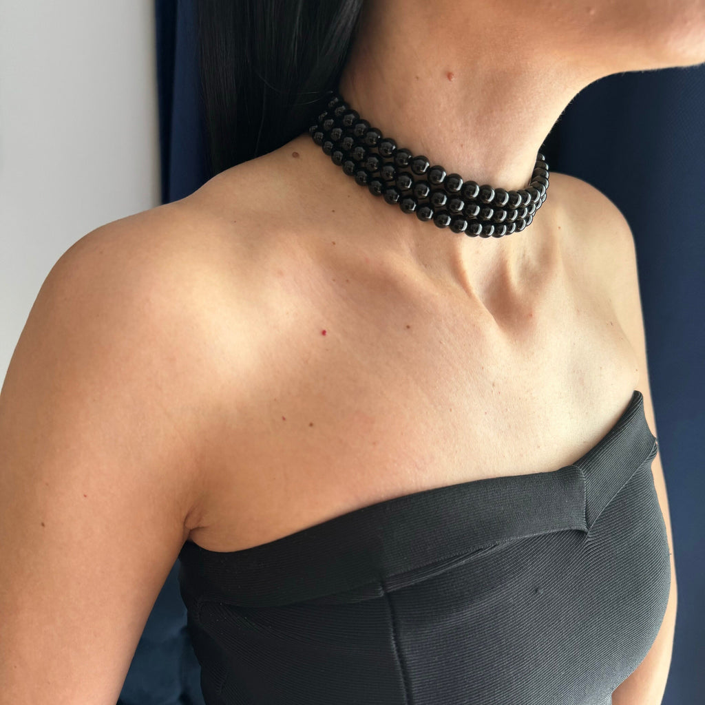 Black Pearl Choker Necklace Gothic Statement Jewelry Beaded Collar Necklace Elegant Dark Fashion Jewelry for Women