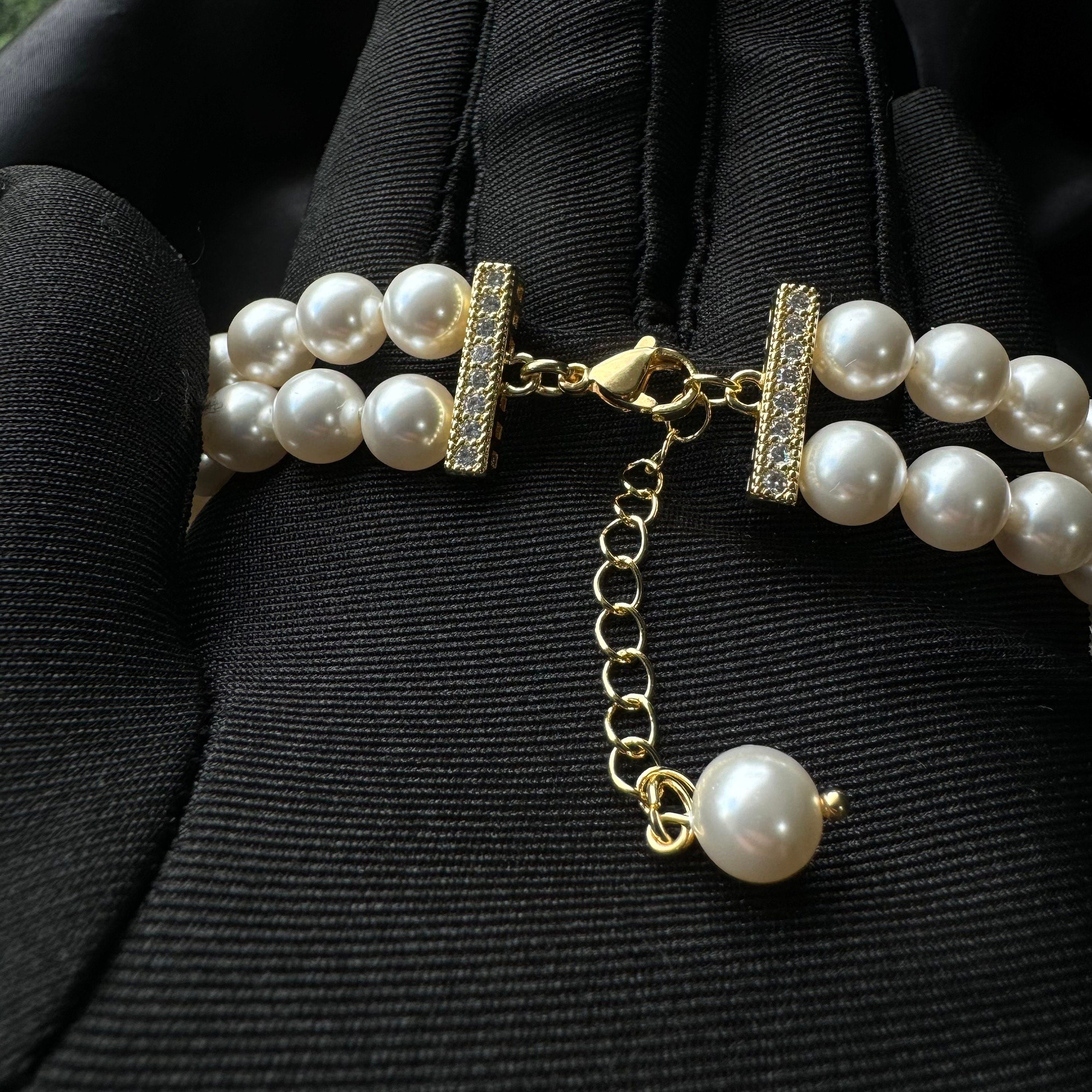 Elegant Crystal Pearls Layered Choker Necklace Bridal Jewelry Collection Two Strand Design Wedding Accessory Formal Event Piece Classic White Ivory Pearls Gold Plated Clasp Timeless Sophisticated Style Perfect Wedding Day Essential Luxury