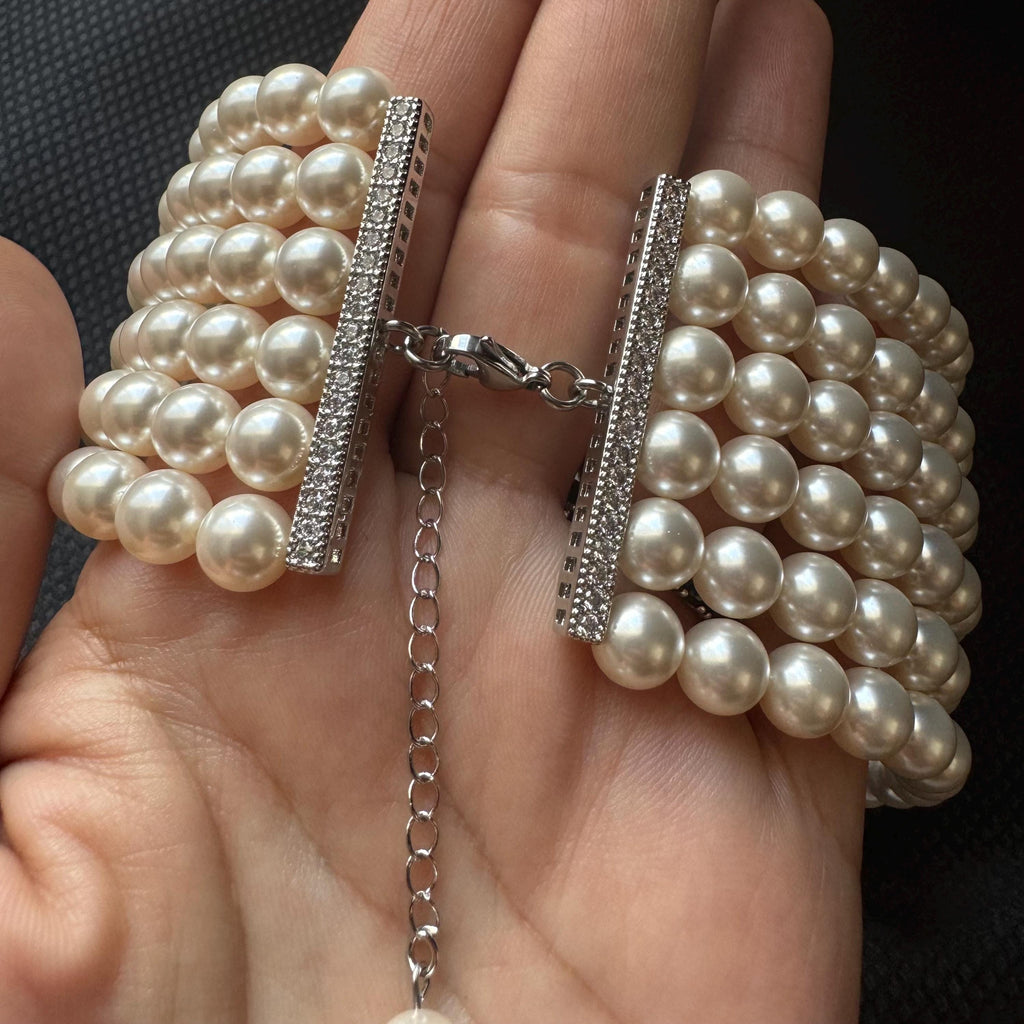 Statement Pearl Necklace Multi Strand Design Wedding Jewelry Collection Elegant Bridal Choker Ivory Crystal Pearls Formal Occasion Accessory Luxury Wedding Day Essential Six Layer Pearl Collar Gold Plated Clasp Sophisticated Style Classic
