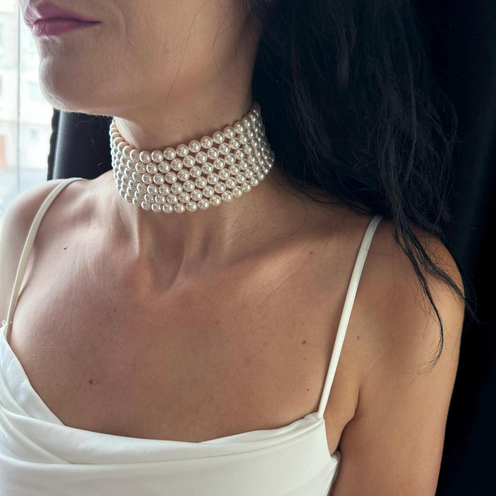 Bridal Pearl Choker Necklace Wedding Jewelry Statement Piece Multi Strand Pearl Collar Crystal Elegant Ivory Accessory Formal Event Special Occasion Swarovski Quality Pearls Gold Plated Clasp Luxury Wedding Day Essential Sophisticated