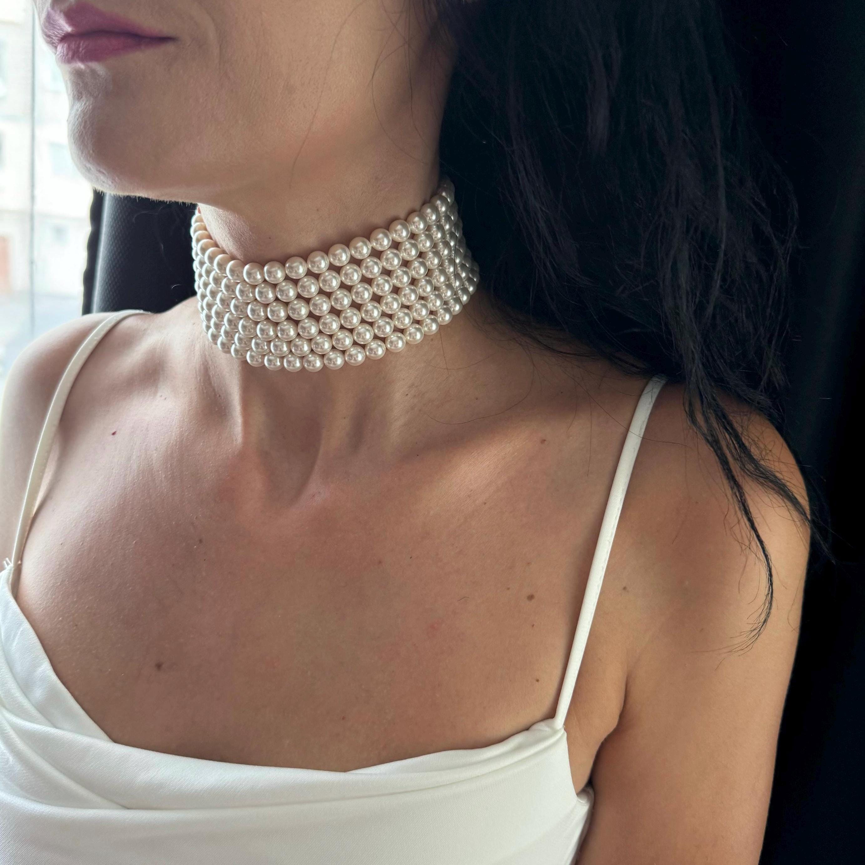 Bridal Pearl Choker Necklace Wedding Jewelry Statement Piece Multi Strand Pearl Collar Crystal Elegant Ivory Accessory Formal Event Special Occasion Swarovski Quality Pearls Gold Plated Clasp Luxury Wedding Day Essential Sophisticated