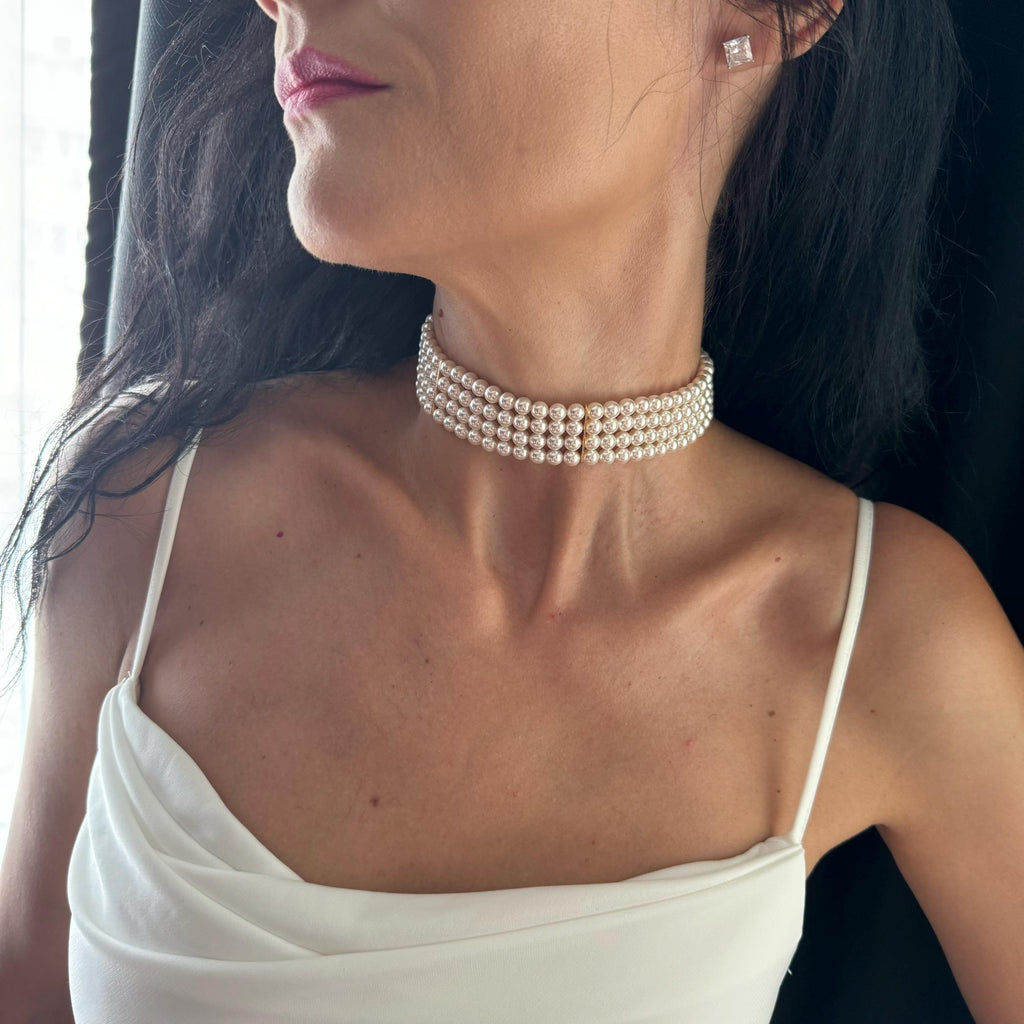 Classic Pearl Necklace White Crystal Collection Statement Choker Design Elegant Wedding Accessory Formal Wear Essential Four Row Construction Adjustable Length Premium Quality Piece Beautiful Evening Style Gold Plated Details Special