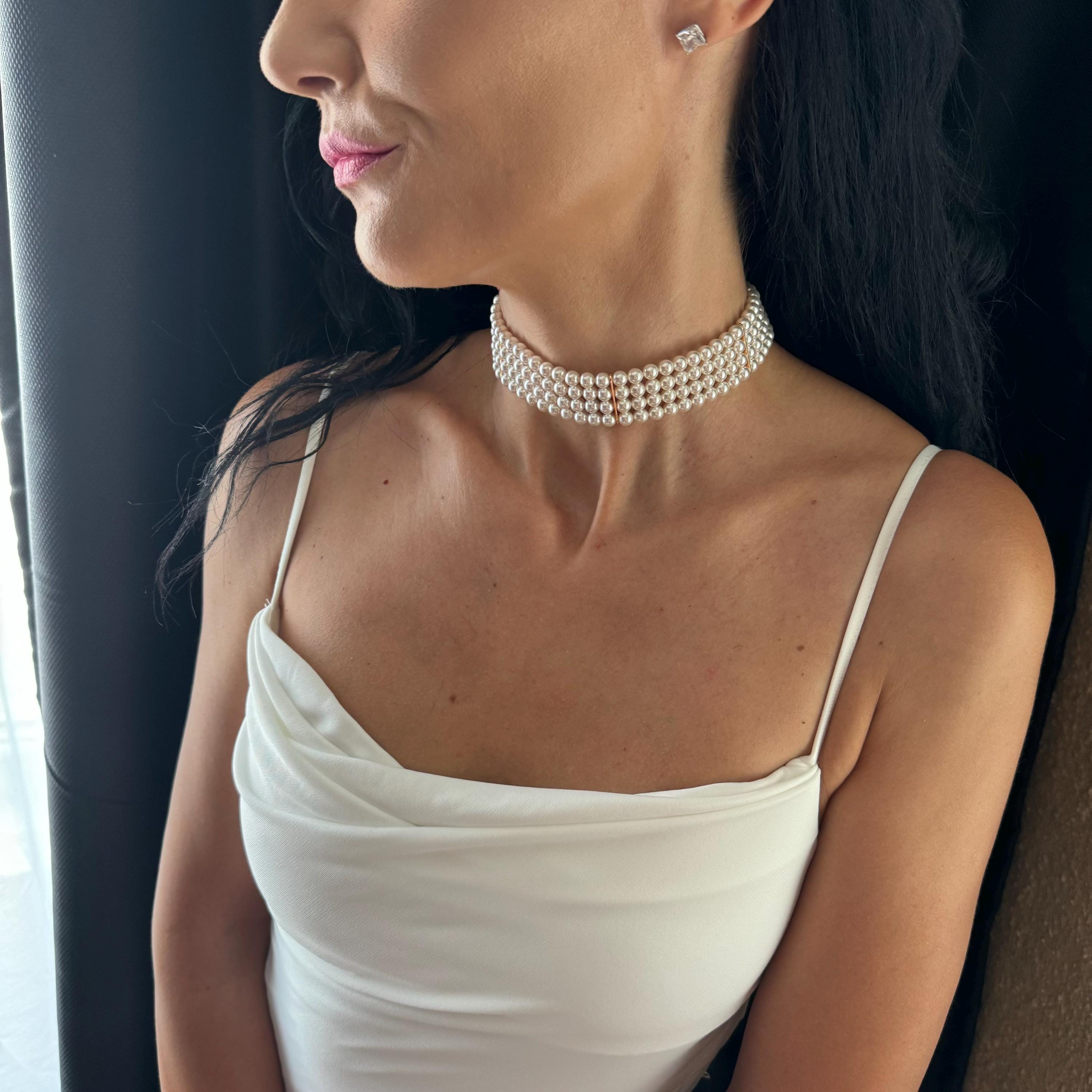 Classic Pearl Necklace White Crystal Collection Statement Choker Design Elegant Wedding Accessory Formal Wear Essential Four Row Construction Adjustable Length Premium Quality Piece Beautiful Evening Style Gold Plated Details Special