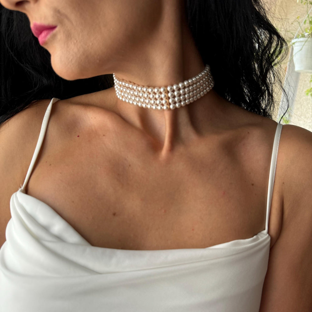 Classic Pearl Necklace White Crystal Collection Statement Choker Design Elegant Wedding Accessory Formal Wear Essential Four Row Construction Adjustable Length Premium Quality Piece Beautiful Evening Style Gold Plated Details Special