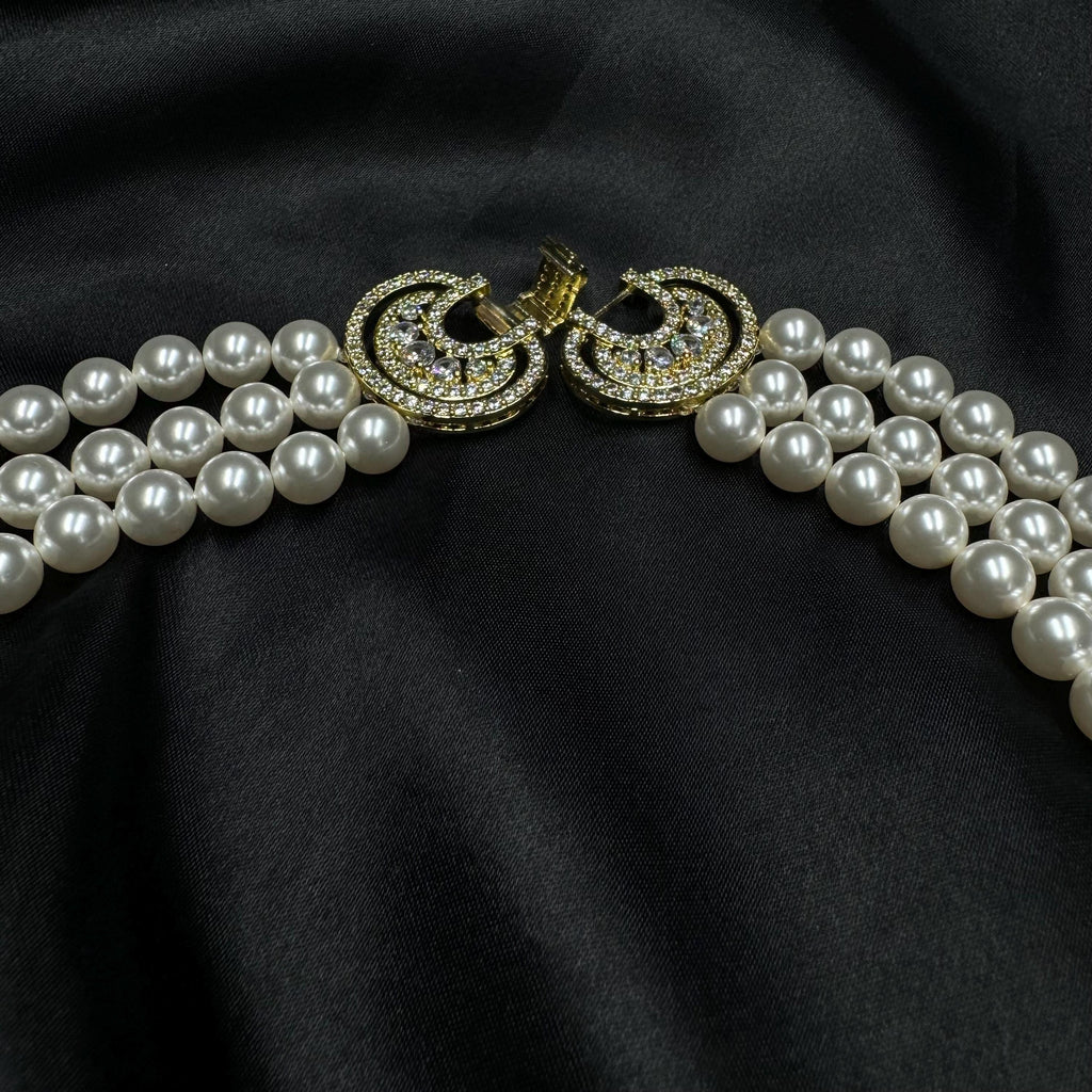 Layered long pearl necklace with elegant blue brooch, Multilayer 3 strand pearl drape necklace, Mothers Day Gift, Indian wedding jewellery