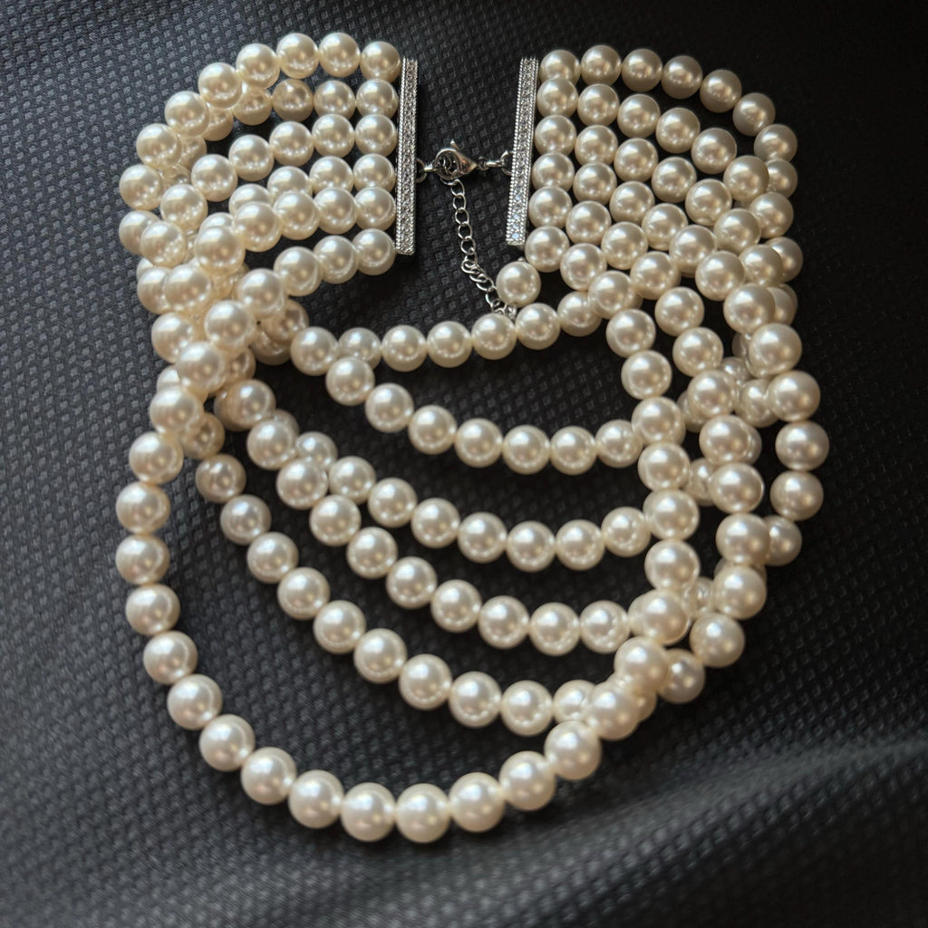 Statement Pearl Necklace Multi Strand Design Wedding Jewelry Collection Elegant Bridal Choker Ivory Crystal Pearls Formal Occasion Accessory Luxury Wedding Day Essential Six Layer Pearl Collar Gold Plated Clasp Sophisticated Style Classic