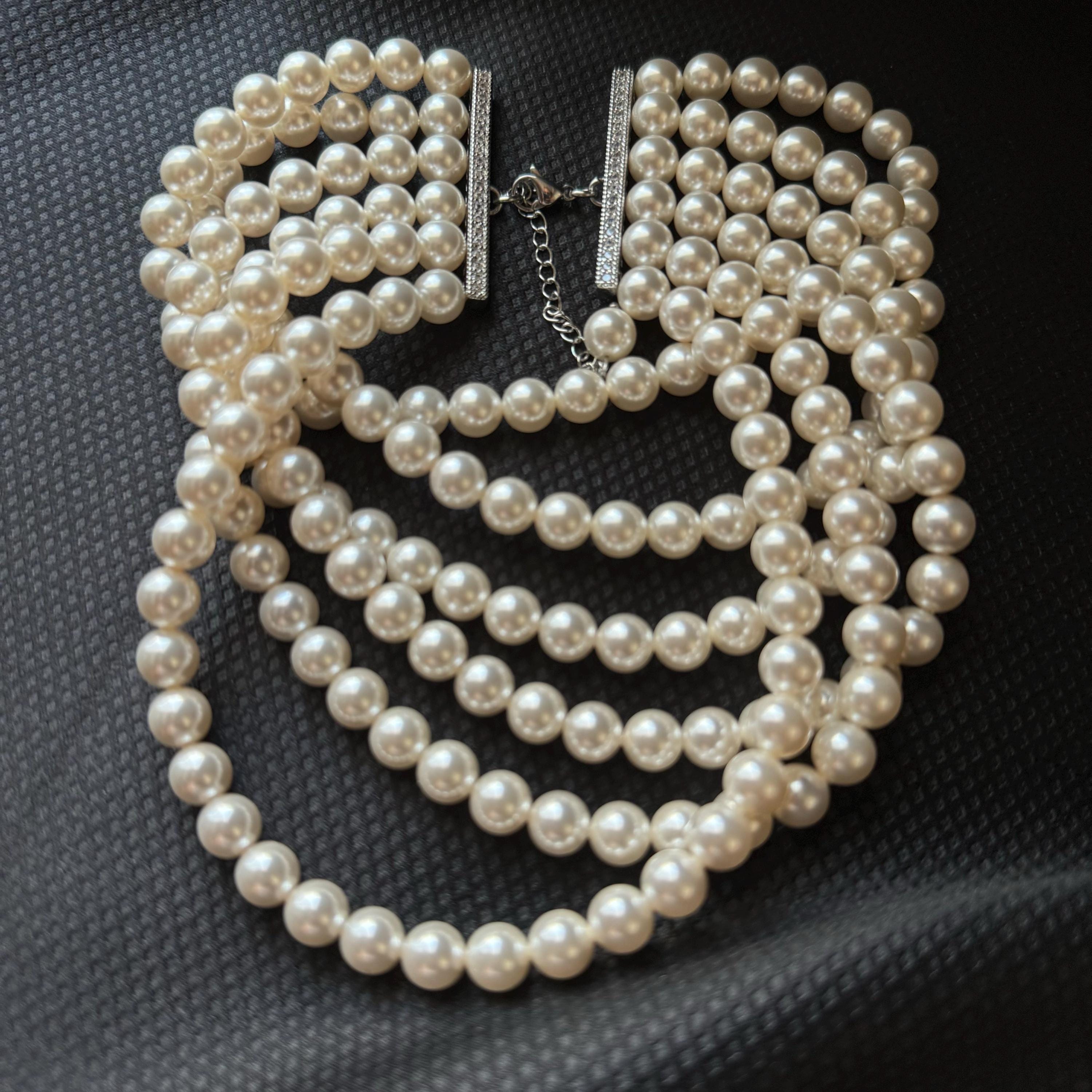 Statement Pearl Necklace Multi Strand Design Wedding Jewelry Collection Elegant Bridal Choker Ivory Crystal Pearls Formal Occasion Accessory Luxury Wedding Day Essential Six Layer Pearl Collar Gold Plated Clasp Sophisticated Style Classic