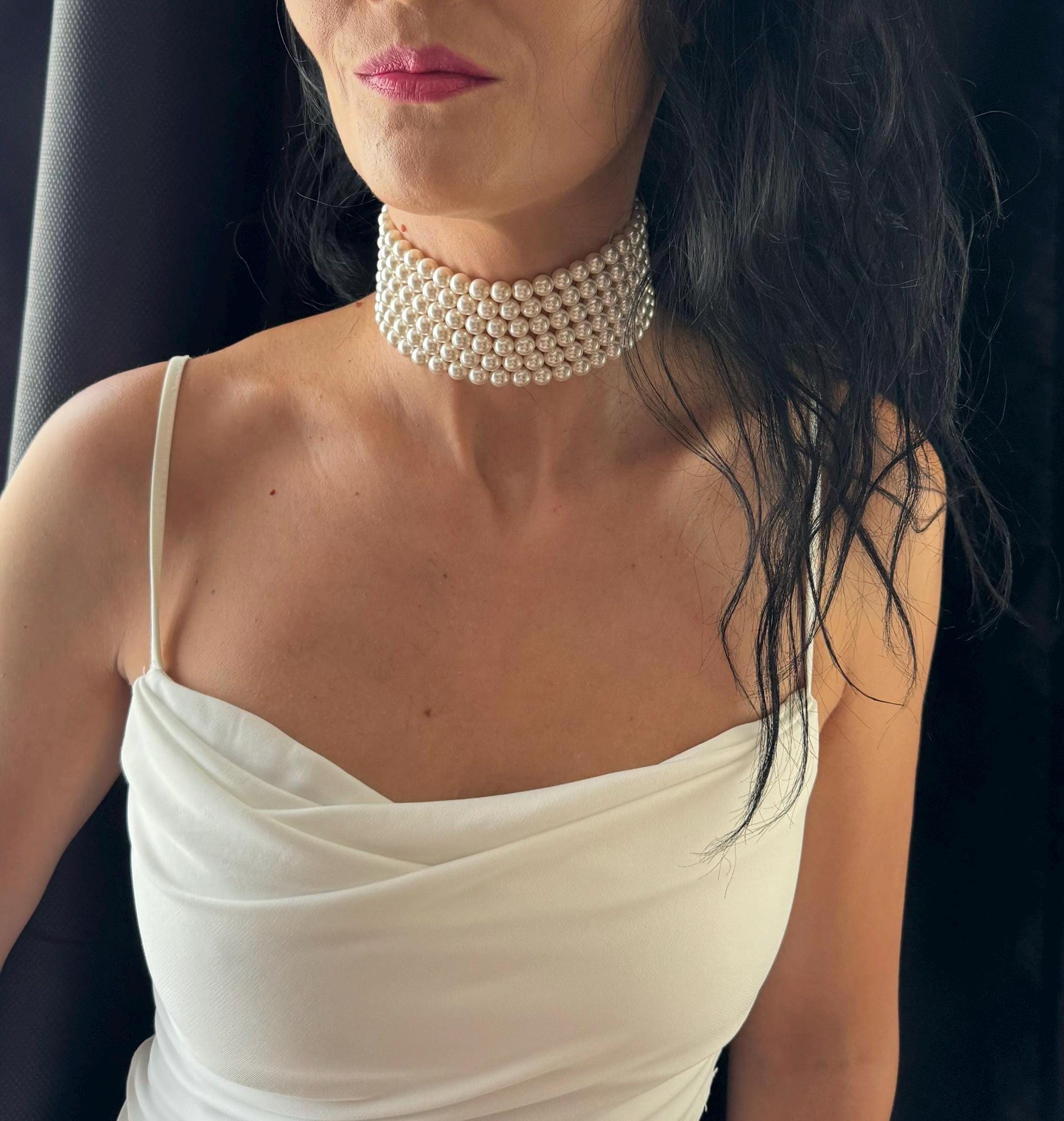 Statement Pearl Necklace Multi Strand Design Wedding Jewelry Collection Elegant Bridal Choker Ivory Crystal Pearls Formal Occasion Accessory Luxury Wedding Day Essential Six Layer Pearl Collar Gold Plated Clasp Sophisticated Style Classic