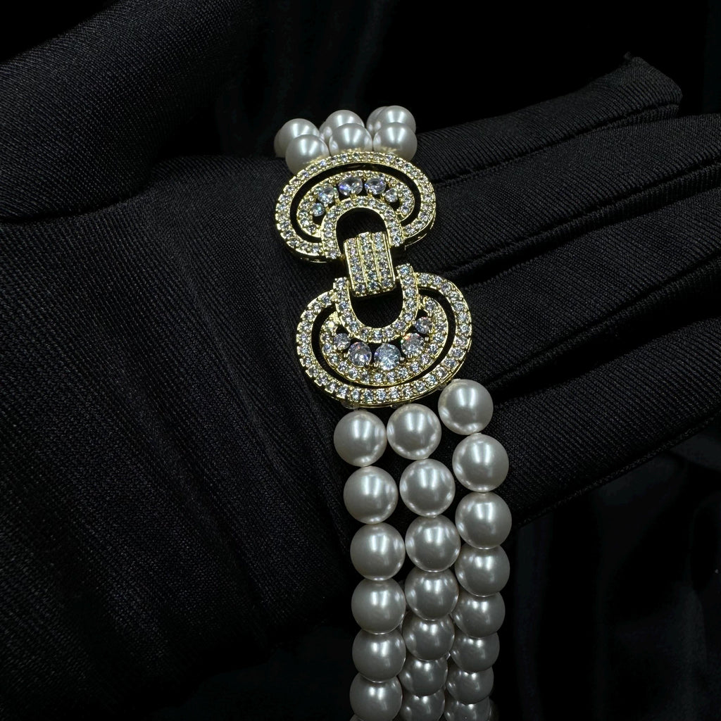 Layered long pearl necklace with elegant blue brooch, Multilayer 3 strand pearl drape necklace, Mothers Day Gift, Indian wedding jewellery