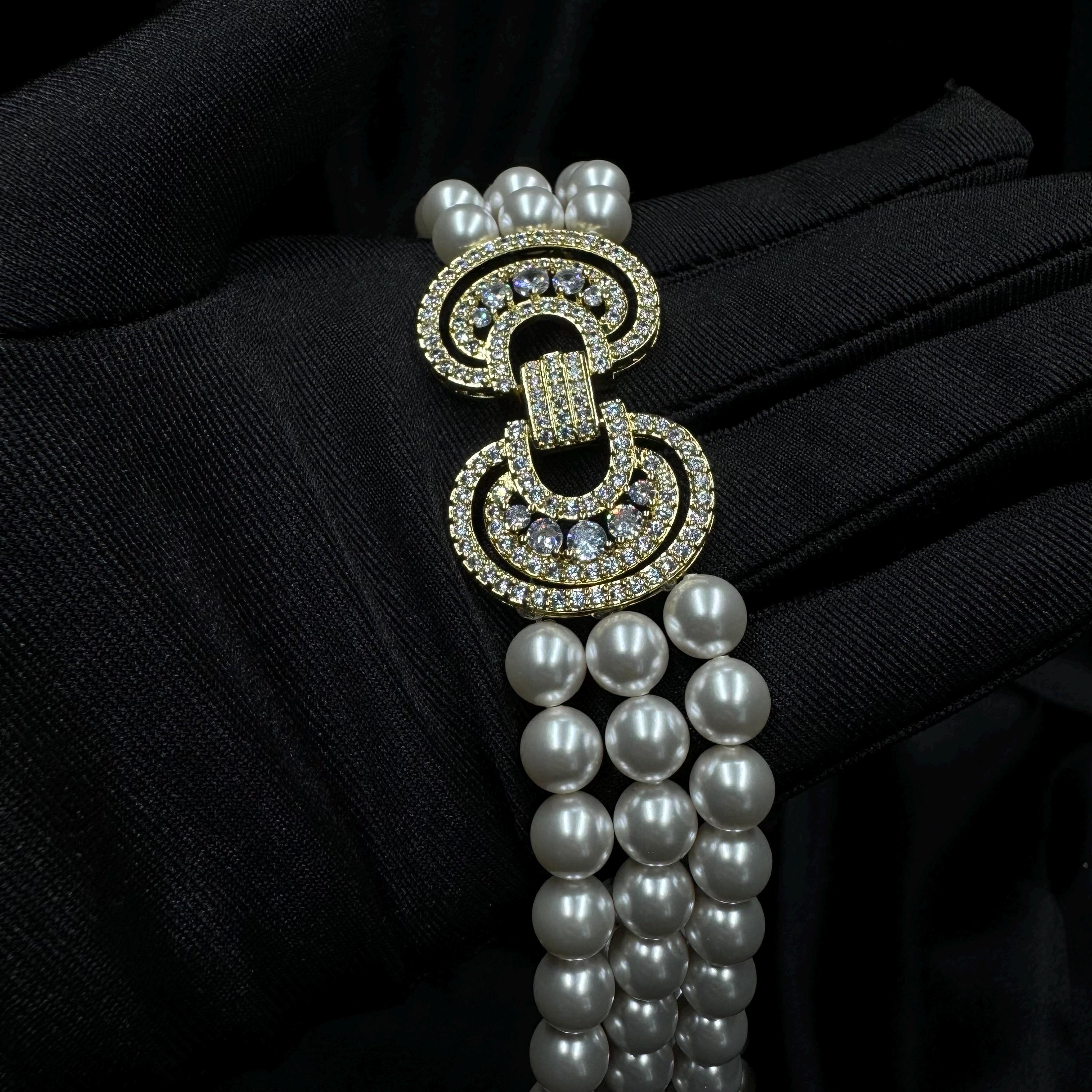 Layered long pearl necklace with elegant blue brooch, Multilayer 3 strand pearl drape necklace, Mothers Day Gift, Indian wedding jewellery