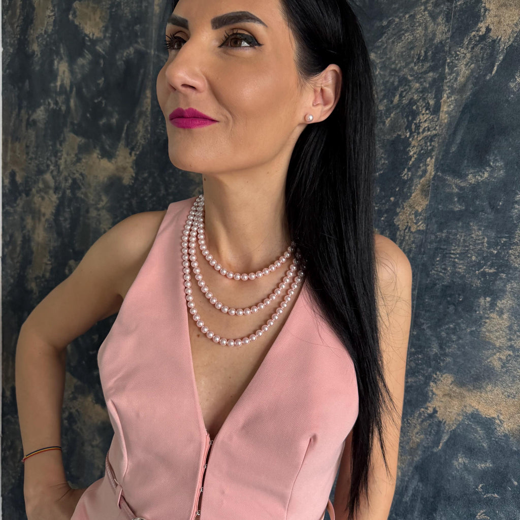 Statement Jewelry Collection Pink Crystal Pearl Set Triple Layer Necklace Elegant Mother Gift Package Matching Earring Design Gold Plated Fashion Essential Special Occasion Ready Beautiful Present Box Refined Collection Gift Wrapped