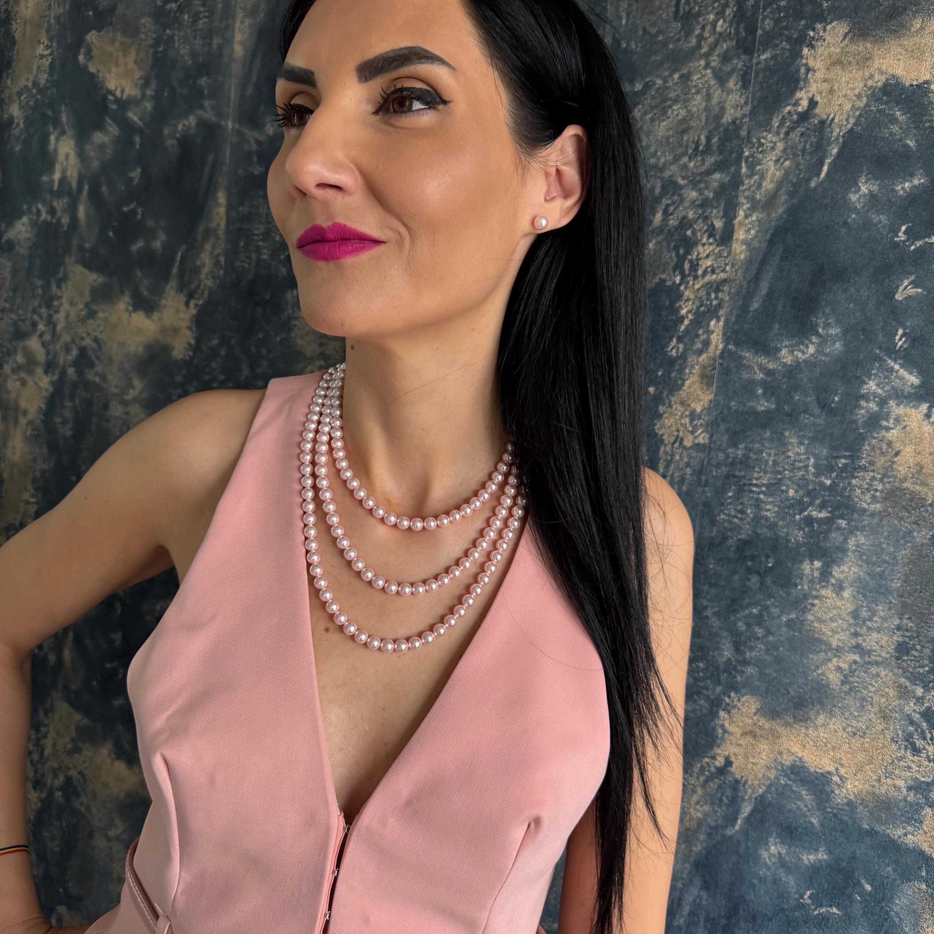 Statement Jewelry Collection Pink Crystal Pearl Set Triple Layer Necklace Elegant Mother Gift Package Matching Earring Design Gold Plated Fashion Essential Special Occasion Ready Beautiful Present Box Refined Collection Gift Wrapped