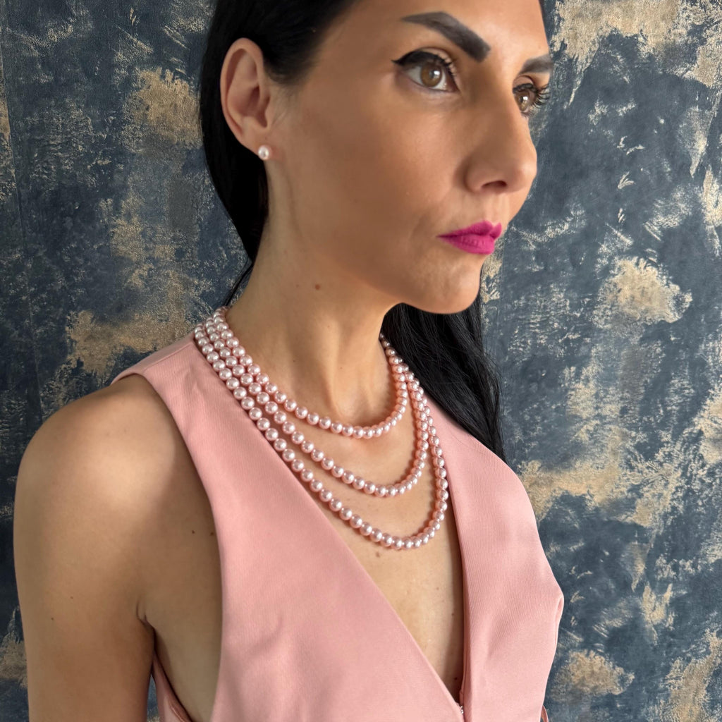 Statement Jewelry Collection Pink Crystal Pearl Set Triple Layer Necklace Elegant Mother Gift Package Matching Earring Design Gold Plated Fashion Essential Special Occasion Ready Beautiful Present Box Refined Collection Gift Wrapped