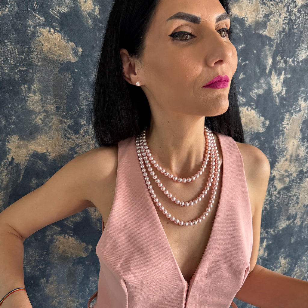 Triple Strand Pearl Set Pink Crystal Statement Necklace Elegant Mother Gift Collection Fine Quality Design Matching Earring Package Formal Occasion Jewelry Gold Plated Fashion Essential Ready To Ship Beautiful Present Box Refined Gift Set