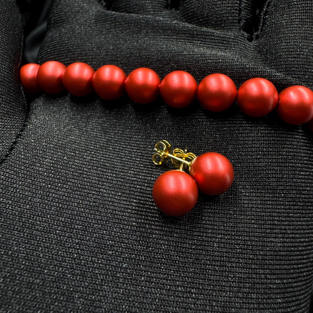 Holiday Gift Jewelry Red Pearl Necklace Choker Set Crystal Stud Earrings Christmas Present Idea Stocking Stuffer Option Secret Santa Gift Elegant Formal Design Gold Plated Details Customizable Length Option Special Occasion Jewelry