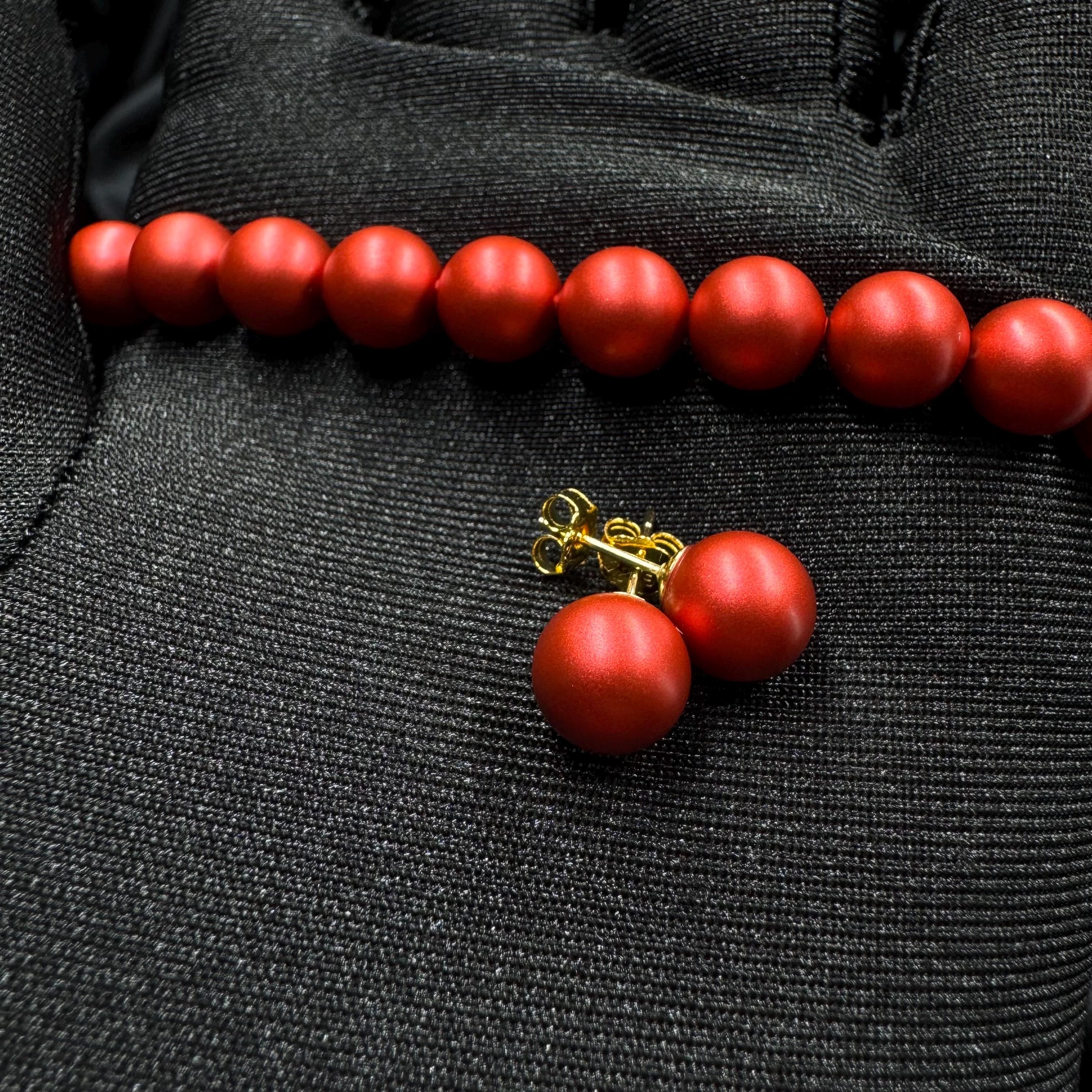 Holiday Gift Jewelry Red Pearl Necklace Choker Set Crystal Stud Earrings Christmas Present Idea Stocking Stuffer Option Secret Santa Gift Elegant Formal Design Gold Plated Details Customizable Length Option Special Occasion Jewelry