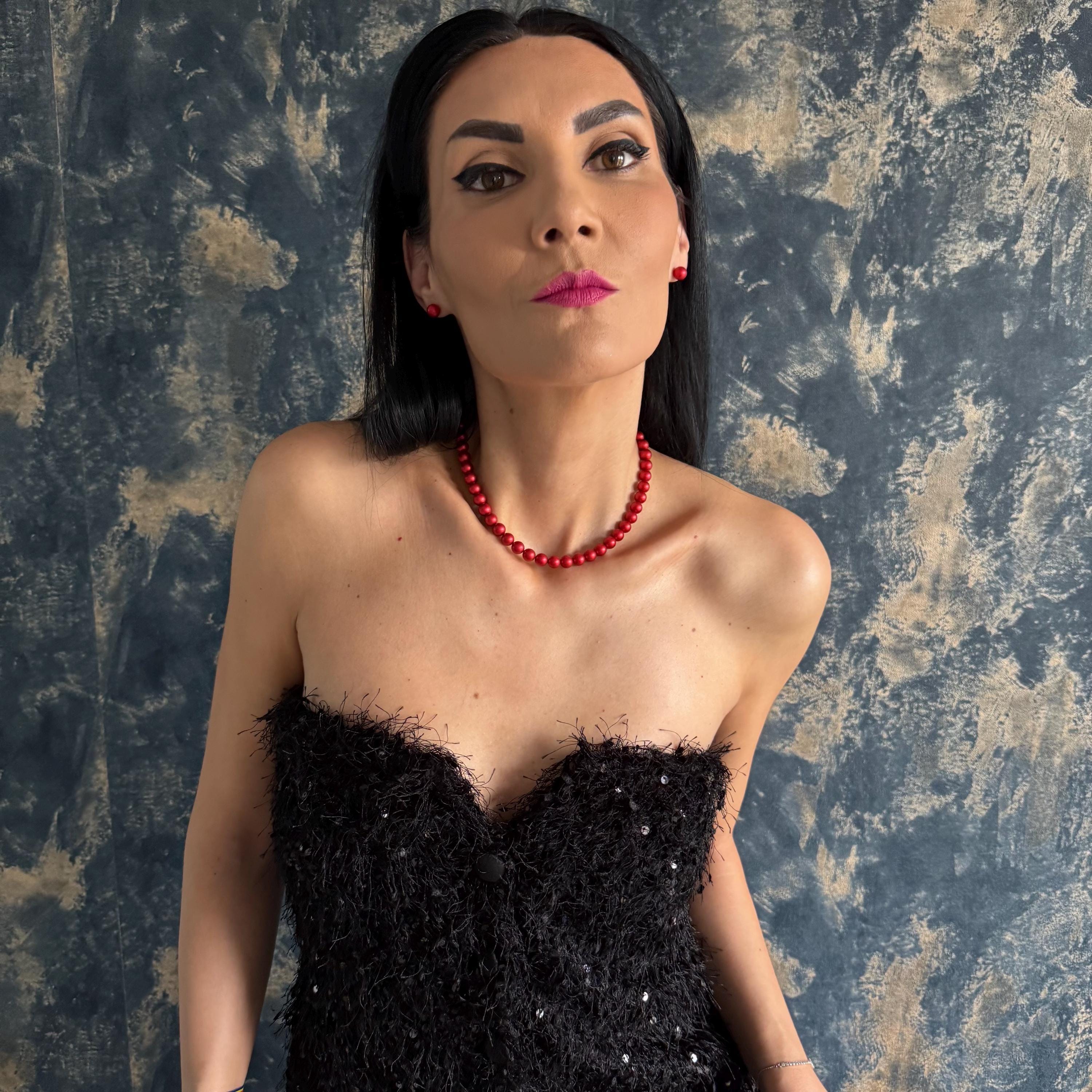 Red Pearl Choker Necklace Set Crystal Earring Studs Elegant Jewelry Design Holiday Gift Idea Stocking Stuffer Present Secret Santa Gift Gold Plated Option Platinum Finish Available Customizable Length Necklace Formal Occasion Jewelry