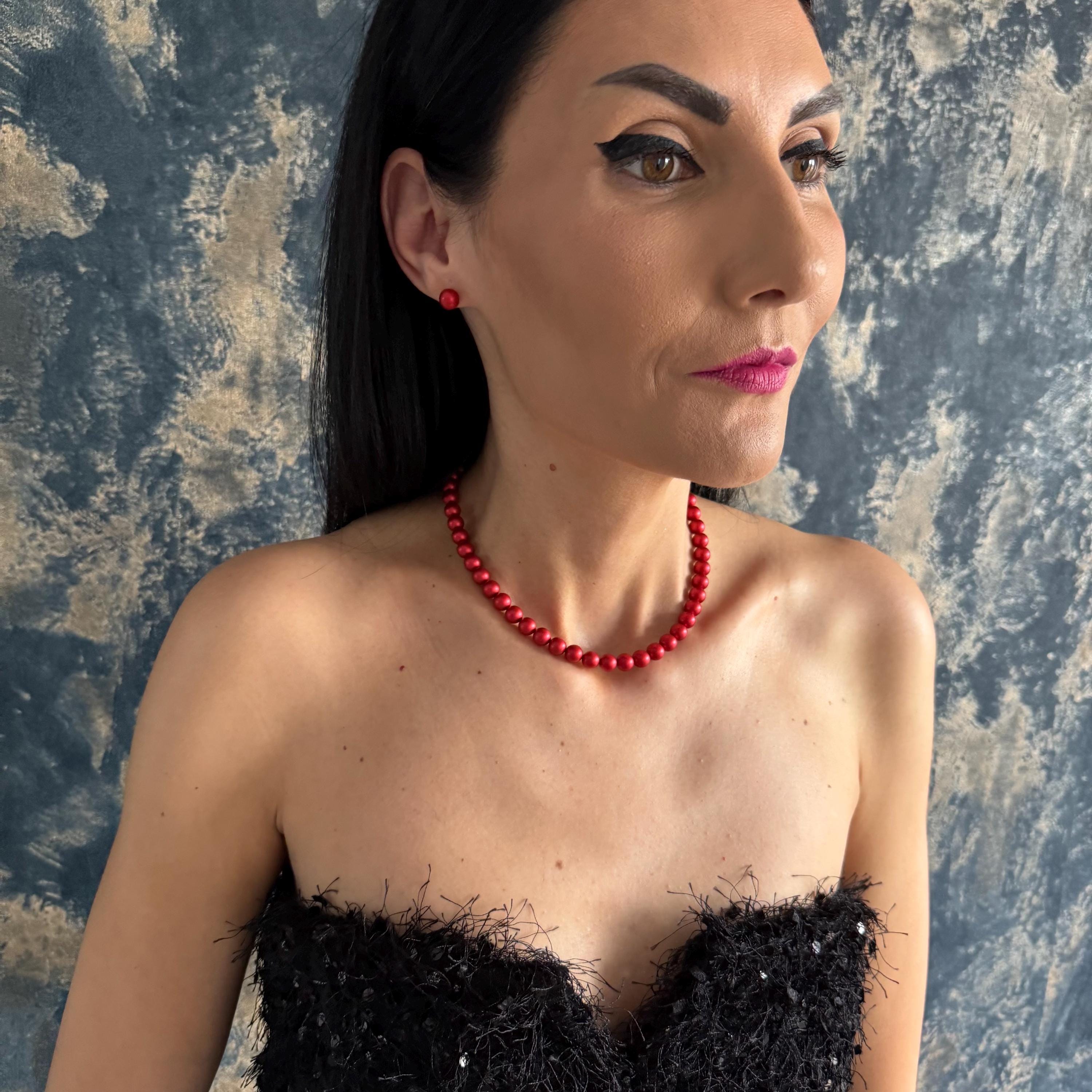 Holiday Gift Jewelry Red Pearl Necklace Choker Set Crystal Stud Earrings Christmas Present Idea Stocking Stuffer Option Secret Santa Gift Elegant Formal Design Gold Plated Details Customizable Length Option Special Occasion Jewelry