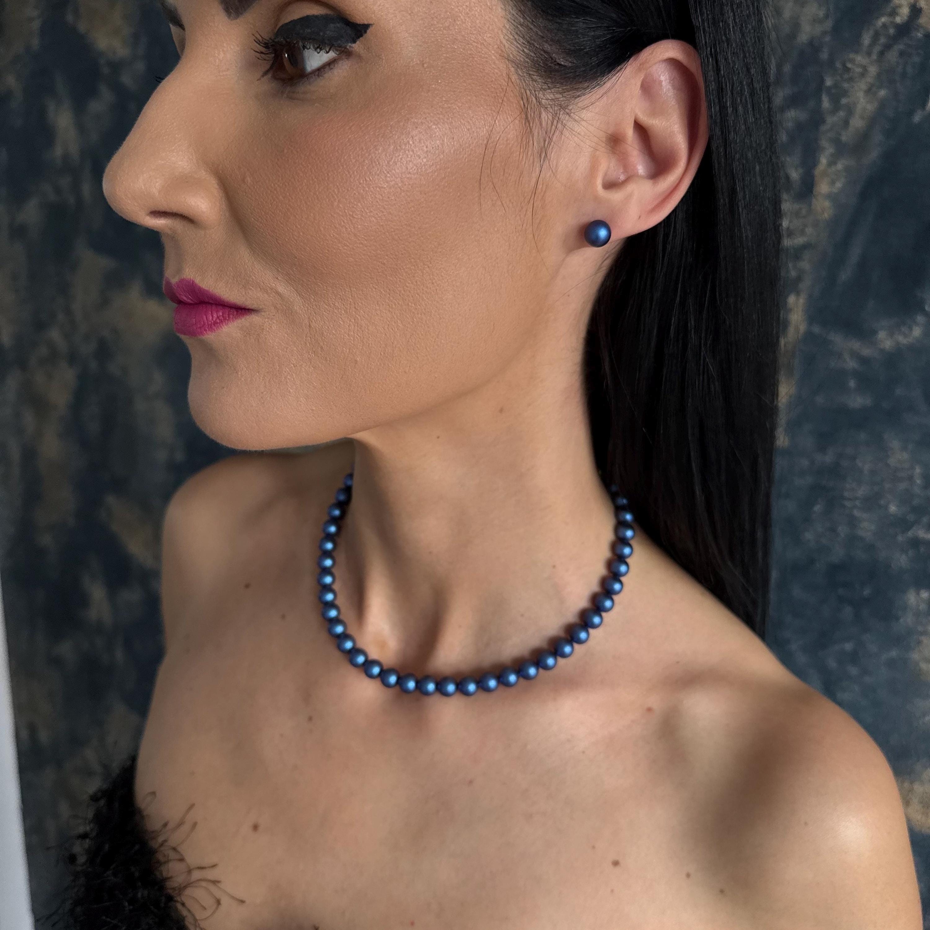 Elegant Crystal Pearls Beautiful Jewelry Collection Blue Pearl Necklace Earrings Set Sterling Silver Accents Holiday Gift Idea Christmas Present Option Special Occasion Jewelry Formal Event Ready Customizable Length Design Perfect Stocking