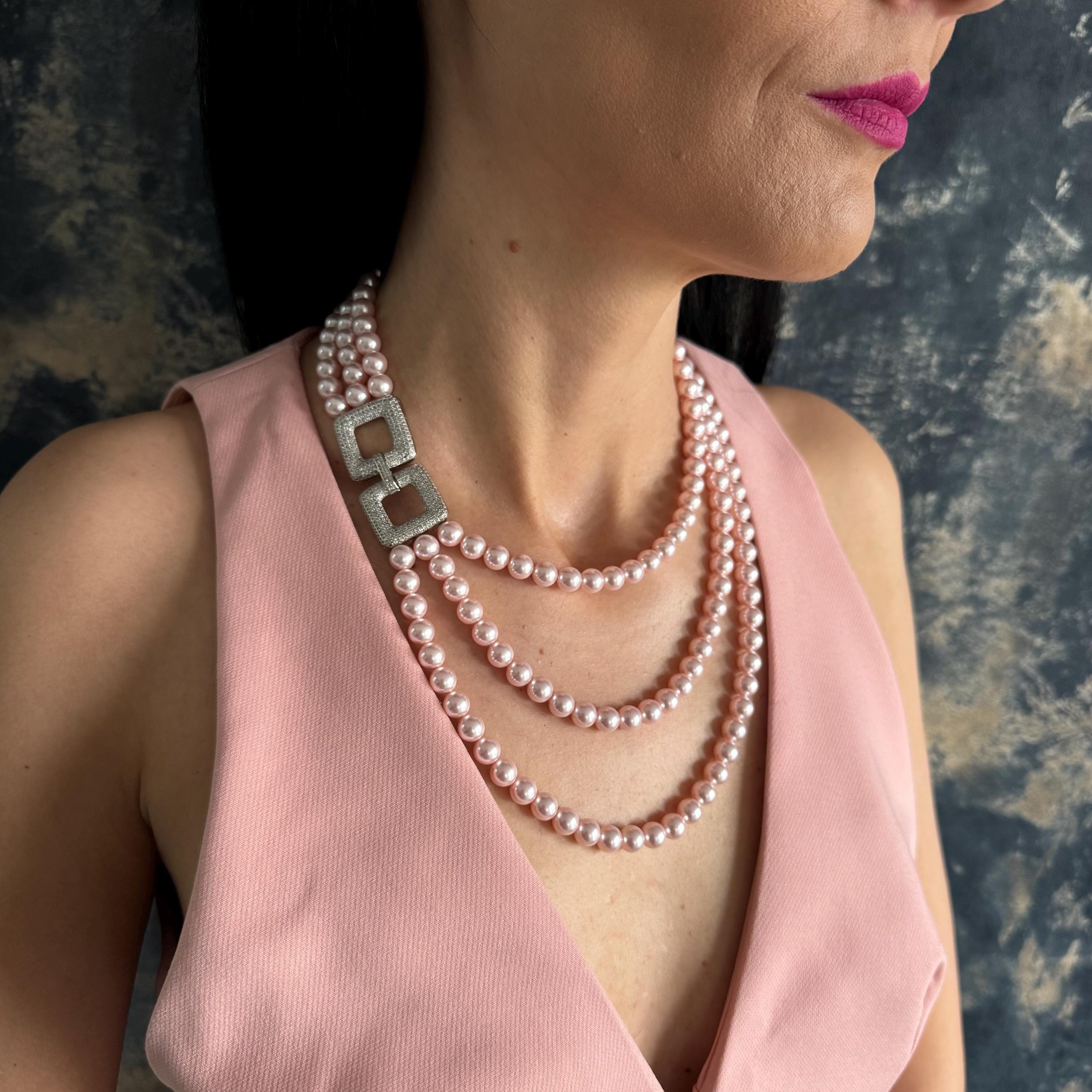 Pink Crystal Pearl Collection Statement Necklace Set Elegant Triple Strand Design Mother Special Gift Package Matching Earring Set Gold Plated Classic Fashion Essential Formal Event Ready Beautiful Gift Wrapped with Branded Pouch