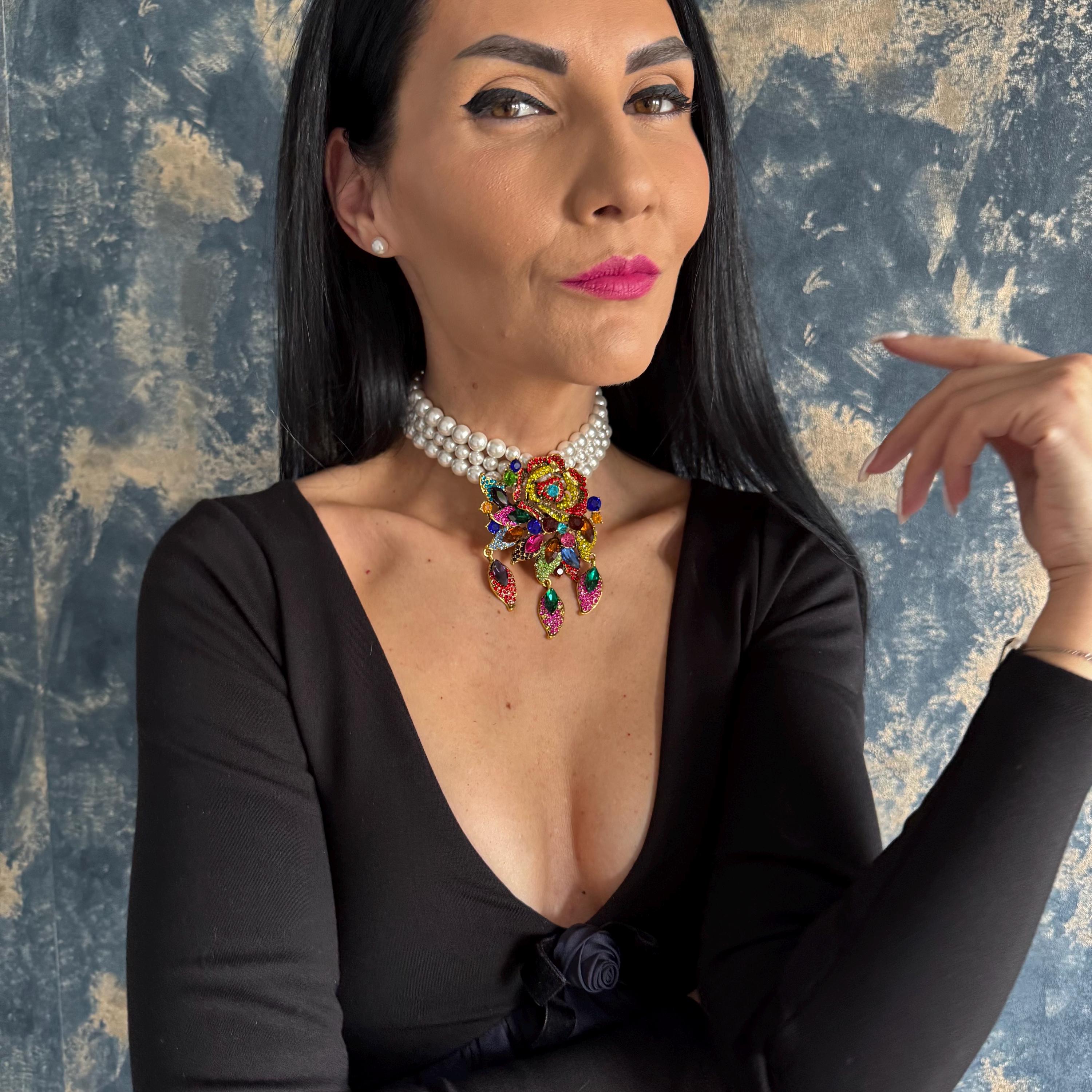 Premium Shell Pearl Necklace Statement Choker Design Multi Strand Construction Brass Centerpiece Accent Colorful Rhinestone Details Floral Brooch Pattern Art Deco Style Vintage Inspired Piece Wedding Jewelry Accessory Formal Event Statement
