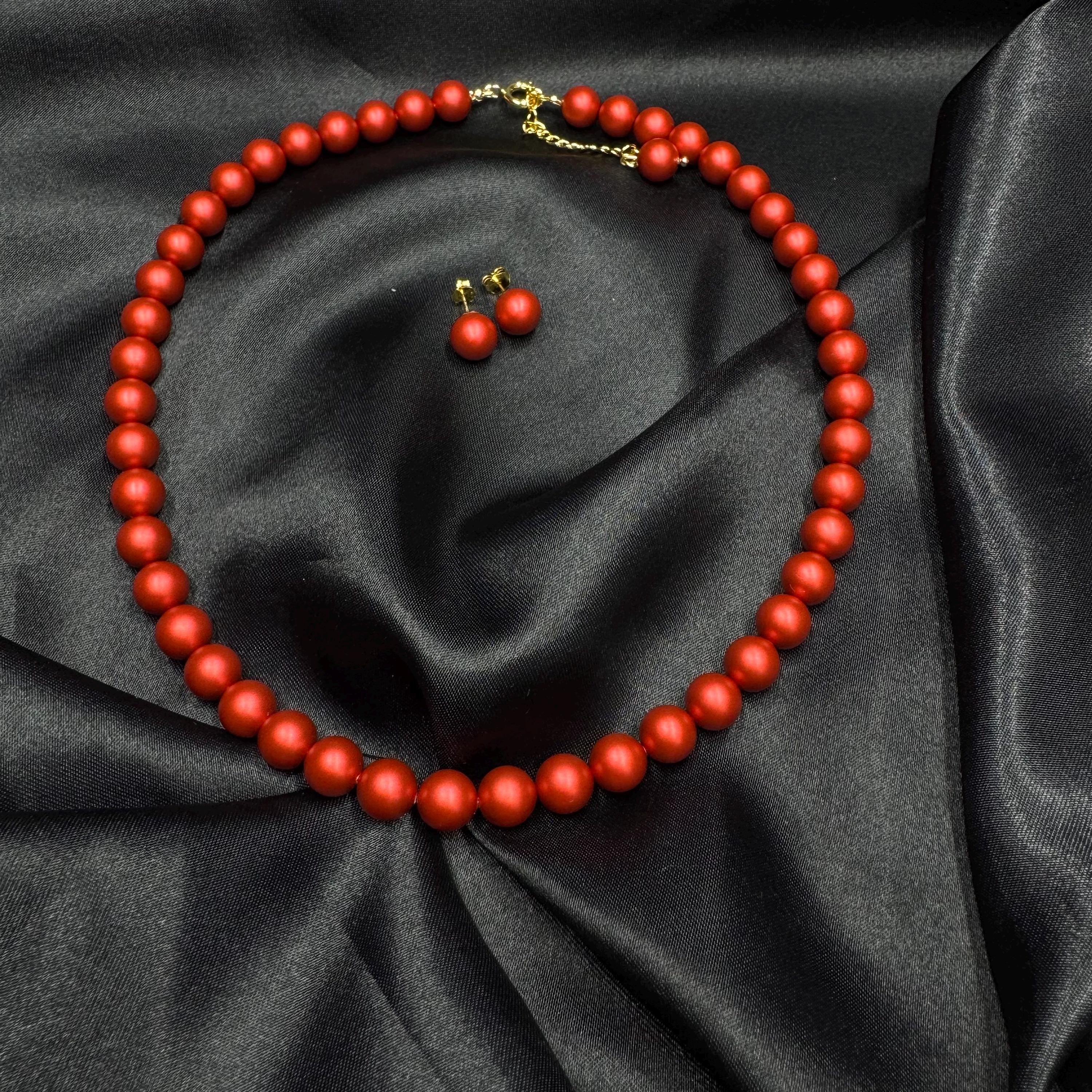 Holiday Gift Jewelry Red Pearl Necklace Choker Set Crystal Stud Earrings Christmas Present Idea Stocking Stuffer Option Secret Santa Gift Elegant Formal Design Gold Plated Details Customizable Length Option Special Occasion Jewelry
