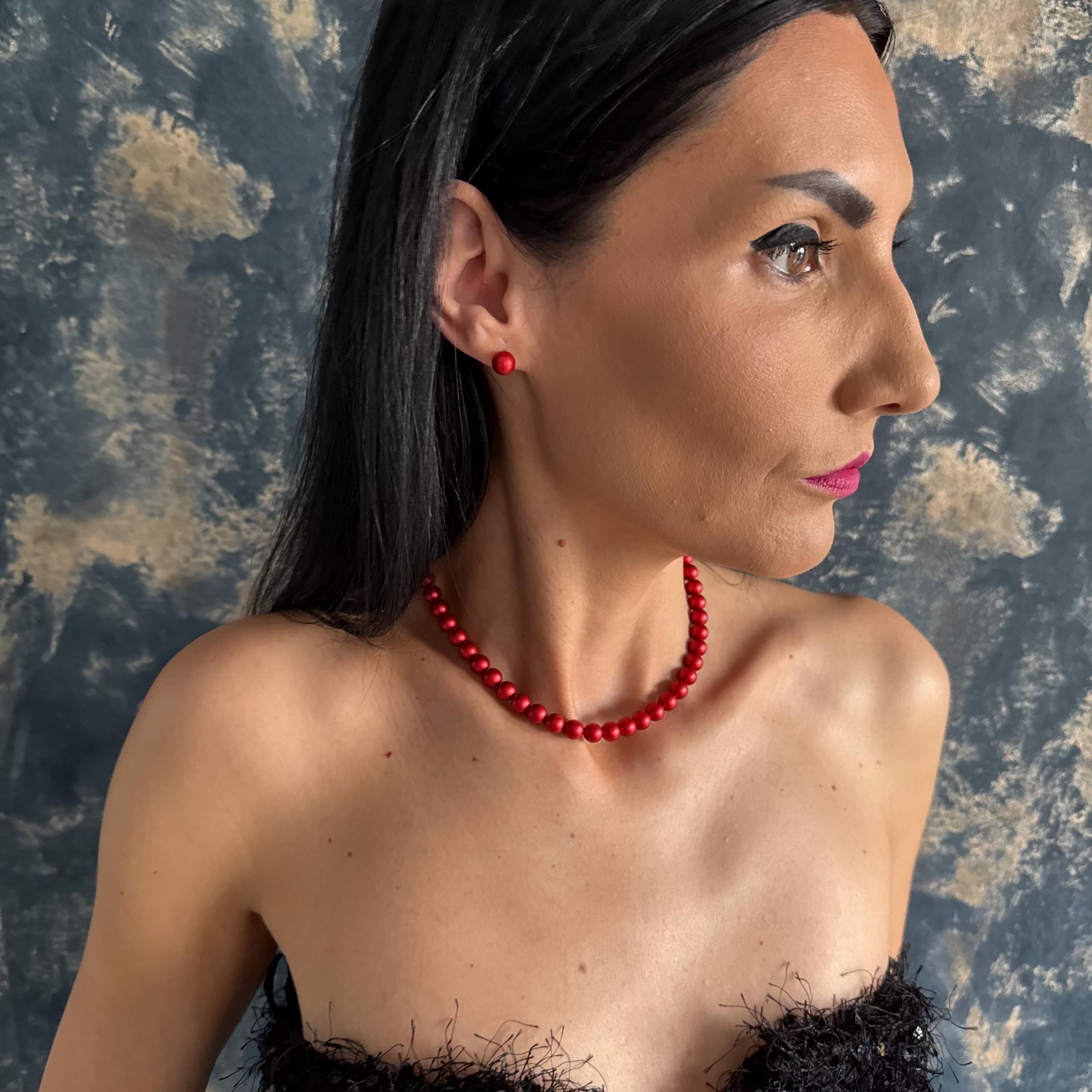 Holiday Gift Jewelry Red Pearl Necklace Choker Set Crystal Stud Earrings Christmas Present Idea Stocking Stuffer Option Secret Santa Gift Elegant Formal Design Gold Plated Details Customizable Length Option Special Occasion Jewelry