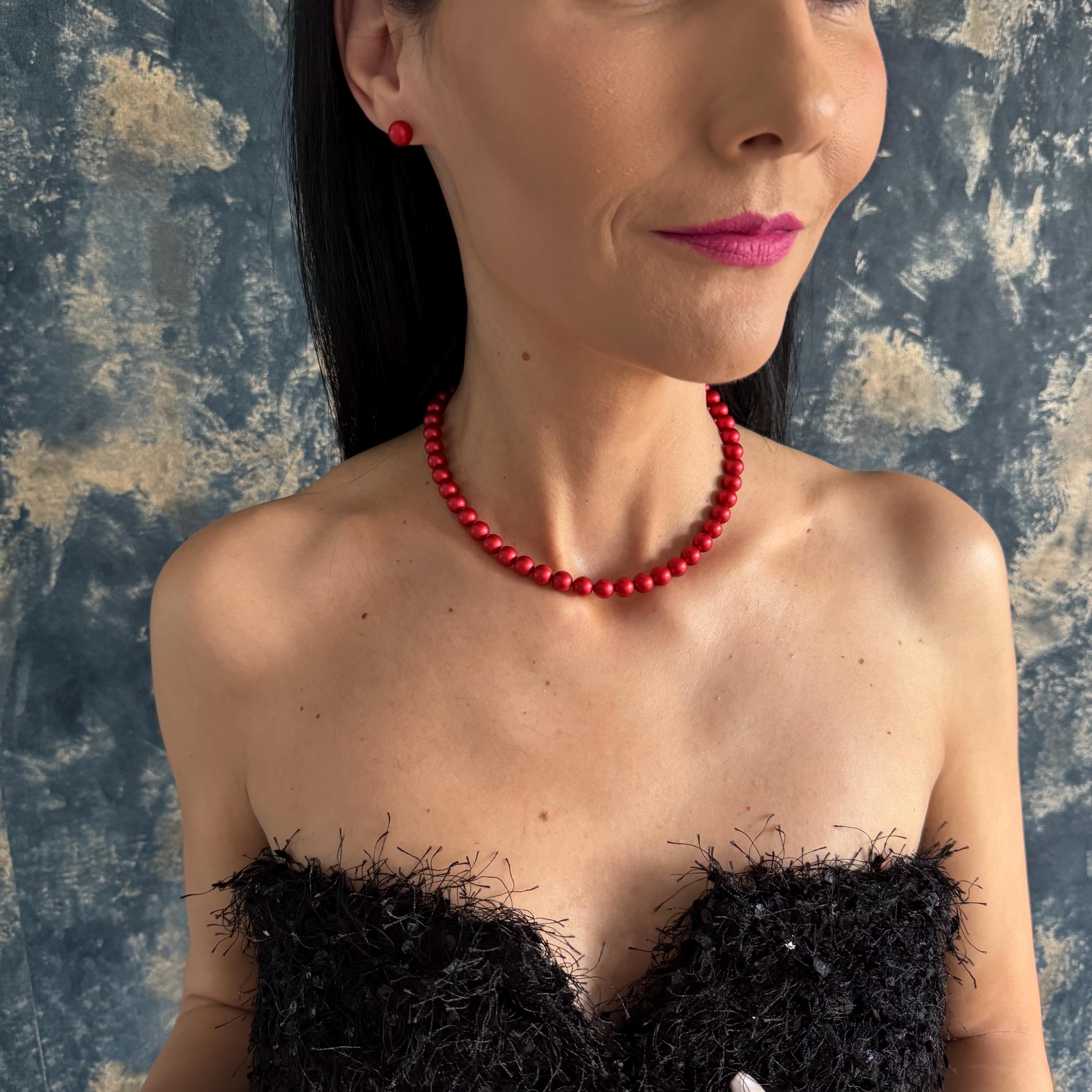 Holiday Gift Jewelry Red Pearl Necklace Choker Set Crystal Stud Earrings Christmas Present Idea Stocking Stuffer Option Secret Santa Gift Elegant Formal Design Gold Plated Details Customizable Length Option Special Occasion Jewelry